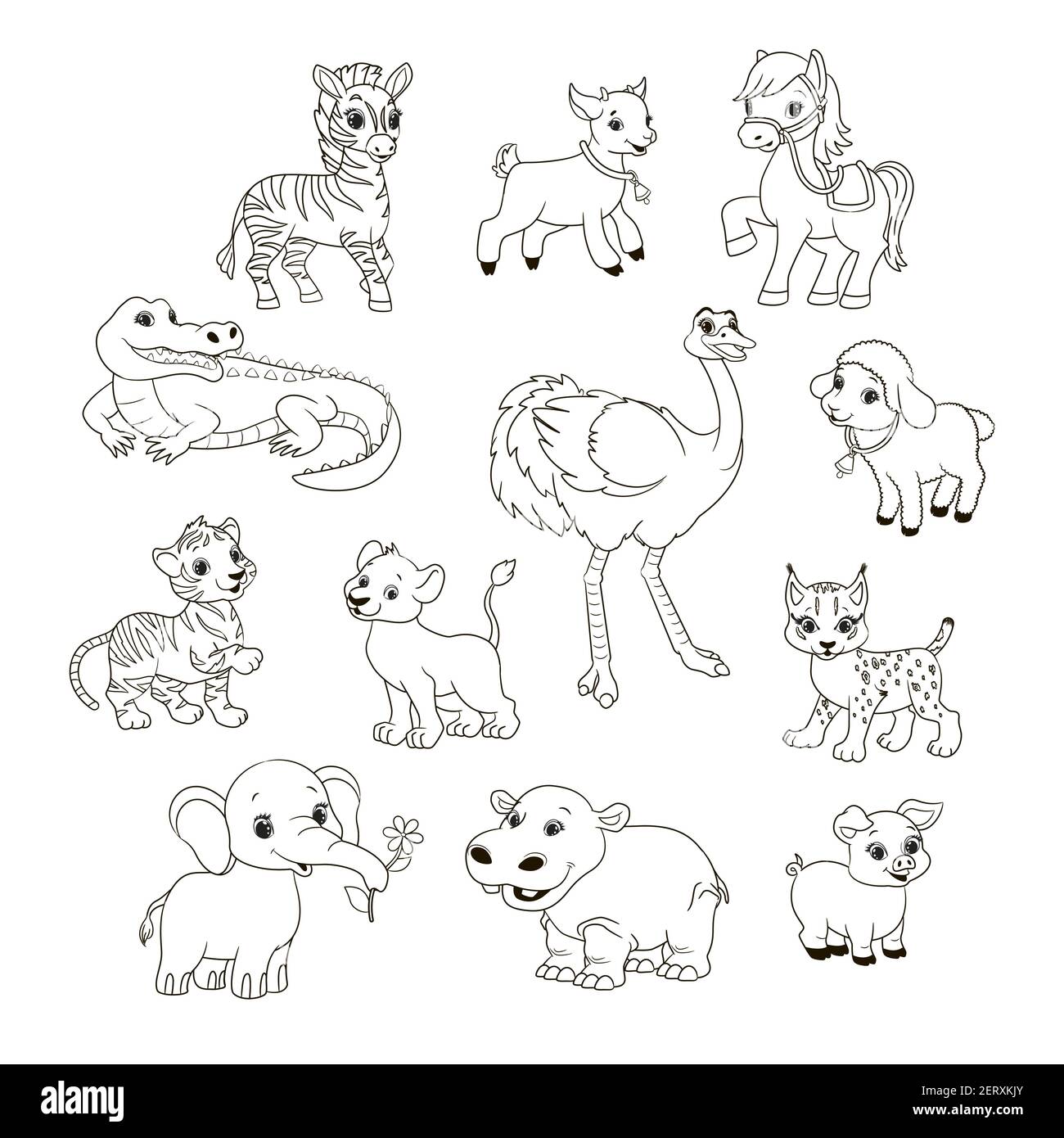 libro da colorare per bambini, set di animali diversi, illustrazione vettoriale in stile cartoon, linea d'arte in bianco e nero Illustrazione Vettoriale