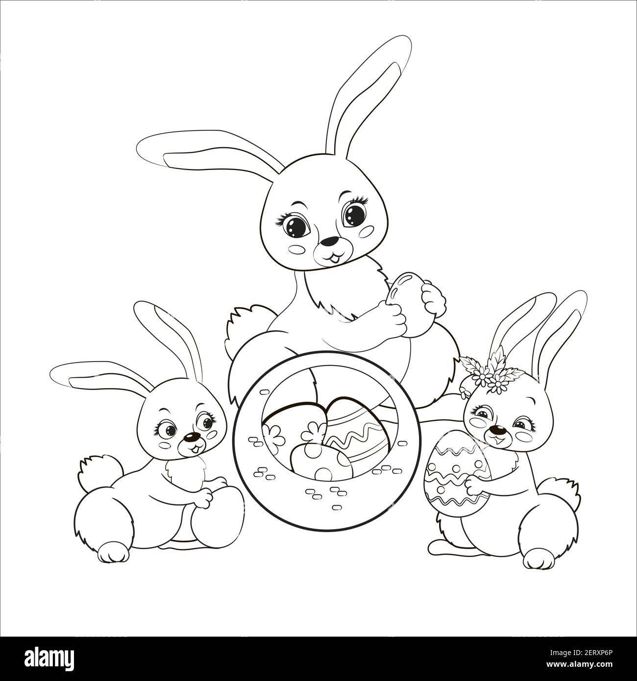 La mamma dei coniglietti pasquali e due coniglietti stanno mettendo le uova dipinte in un cestino rotondo. Illustrazione vettoriale in stile cartoon, libro da colorare, su sfondo bianco Illustrazione Vettoriale