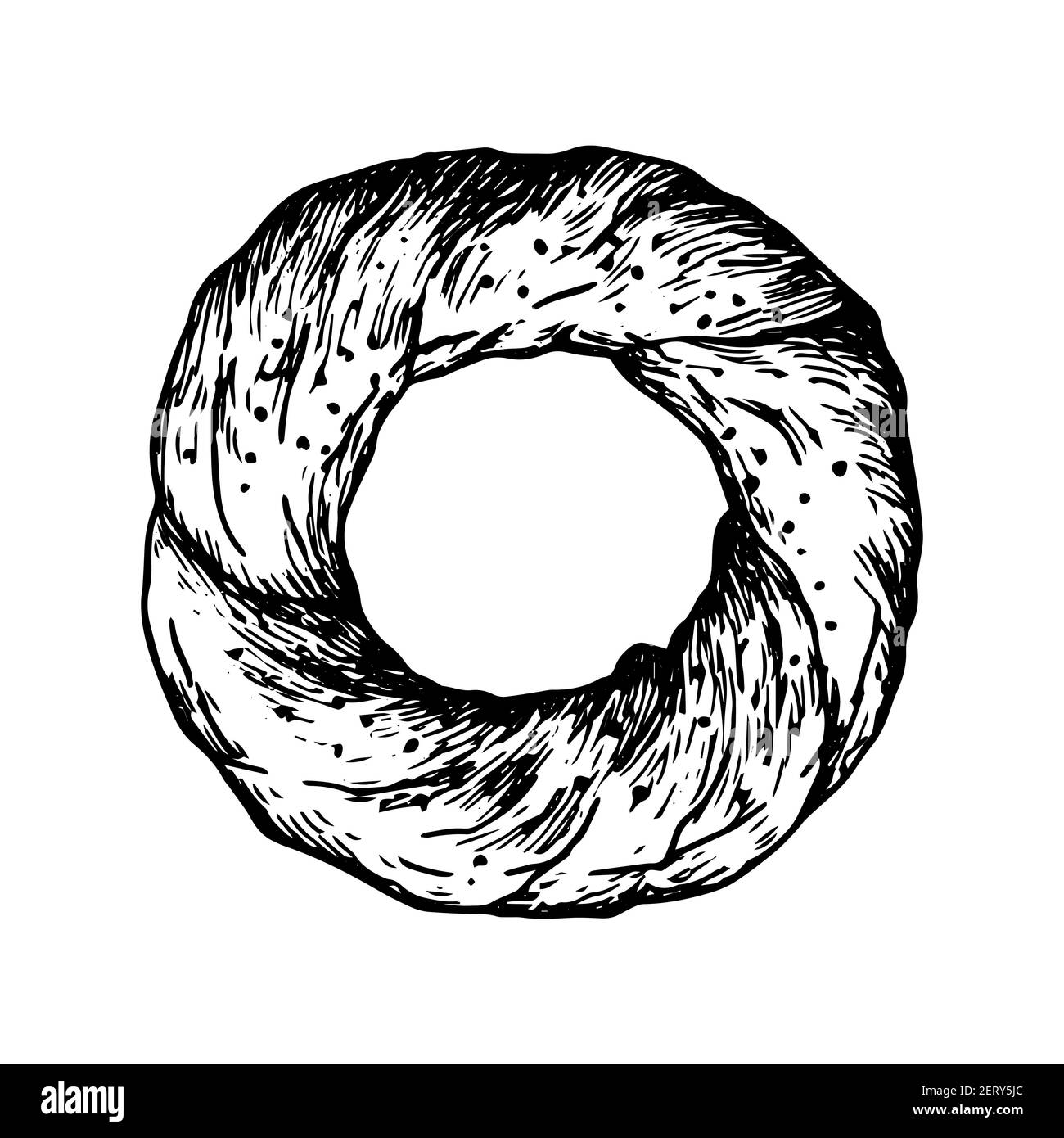 Appetitosa pasta fresca per pane, cuocete sotto forma di un anello cosparso di semi di sesamo. Illustrazione vettoriale, disegno, linea d'arte isolata su sfondo bianco Illustrazione Vettoriale