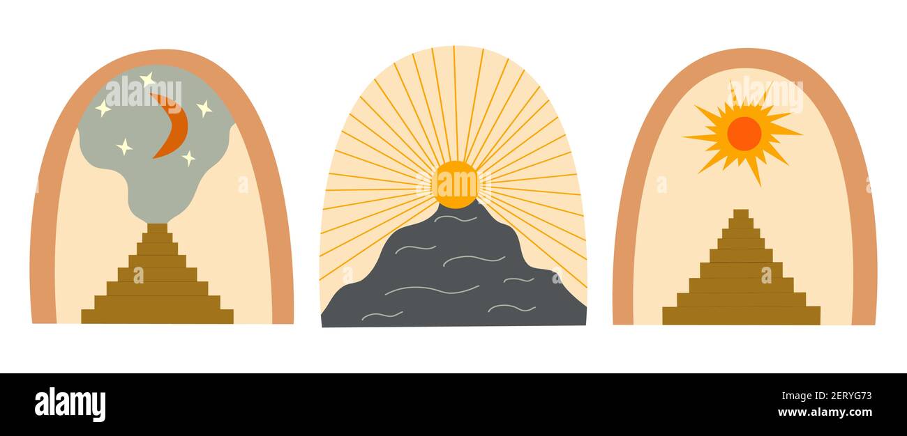 Set di archi e sole astratti, scale con scalini, mezzaluna e stelle pittura sfondo. Scalinata al cielo al sole. Arte moderna e alla moda Colorf Illustrazione Vettoriale