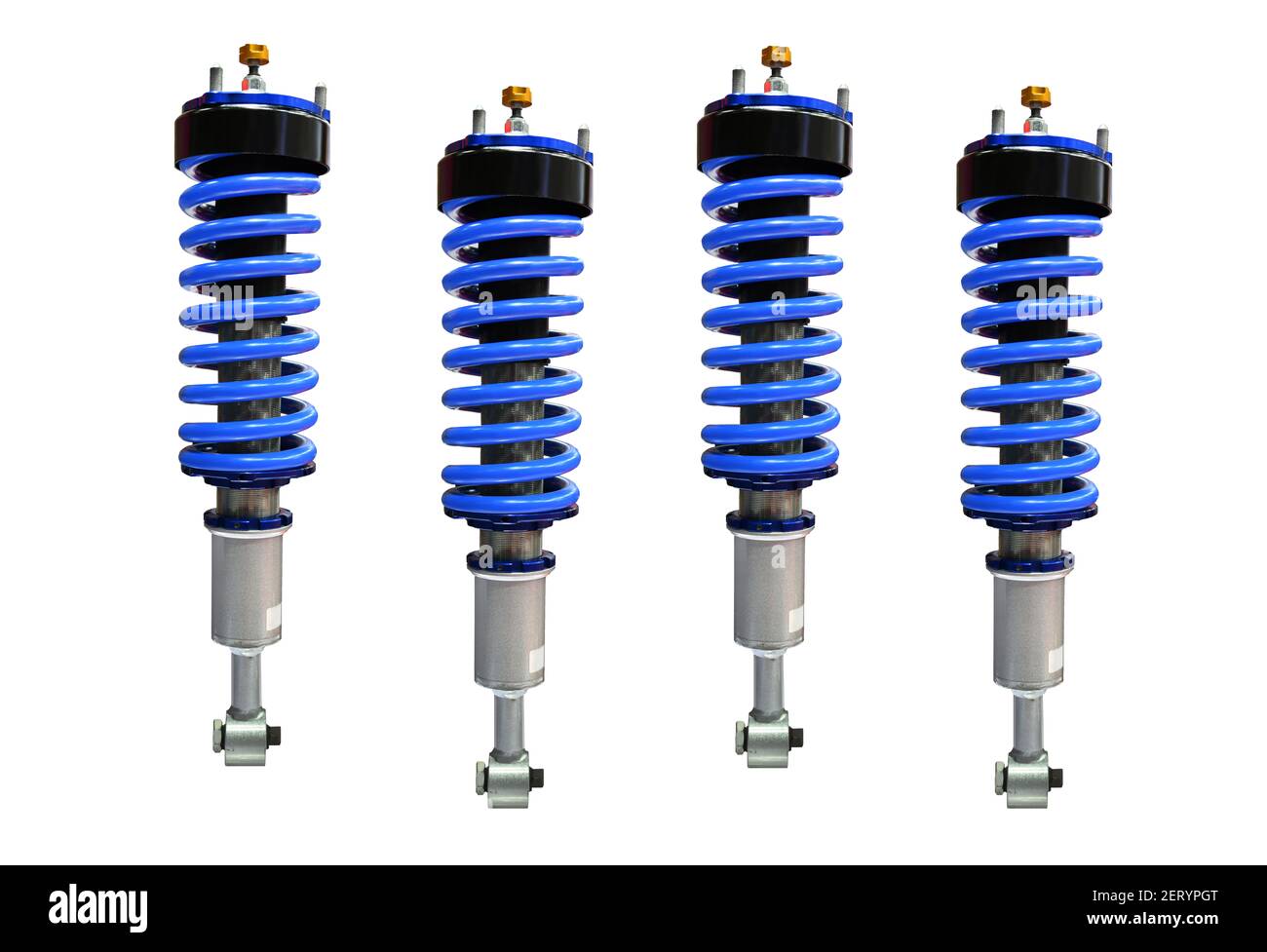 Quattro ammortizzatori blu isolati su sfondo bianco Foto Stock
