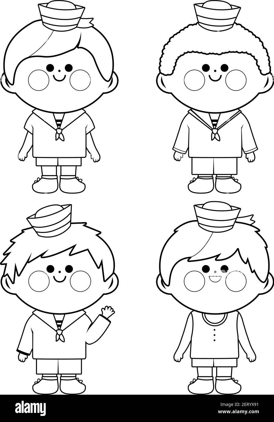 Ragazzi marinai. Pagina vettoriale in bianco e nero Illustrazione Vettoriale