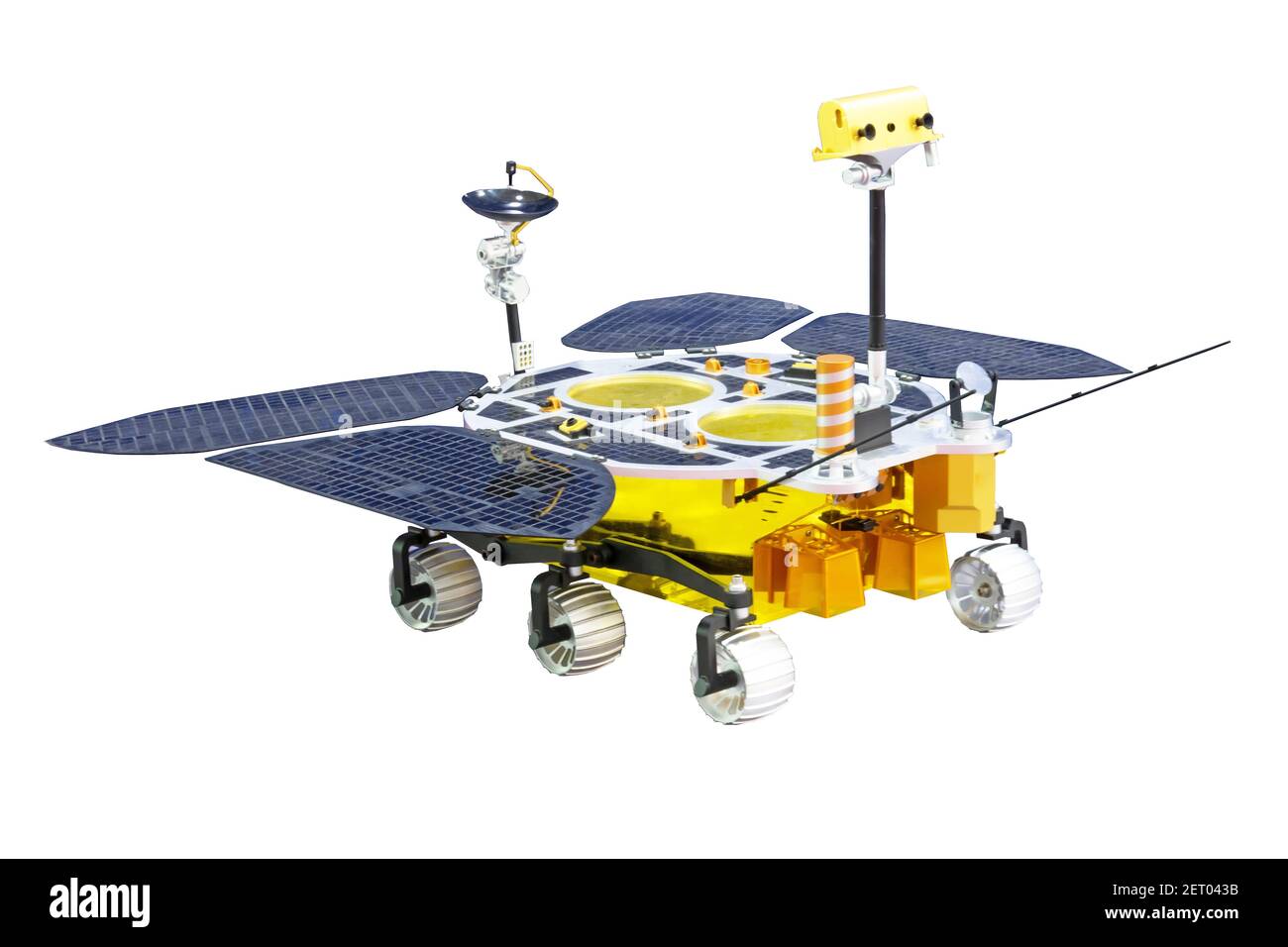 Ricerca satellite rover sonda di vari pianeti spaziali, satelliti, corpi su ruote. Isolato su sfondo bianco Foto Stock
