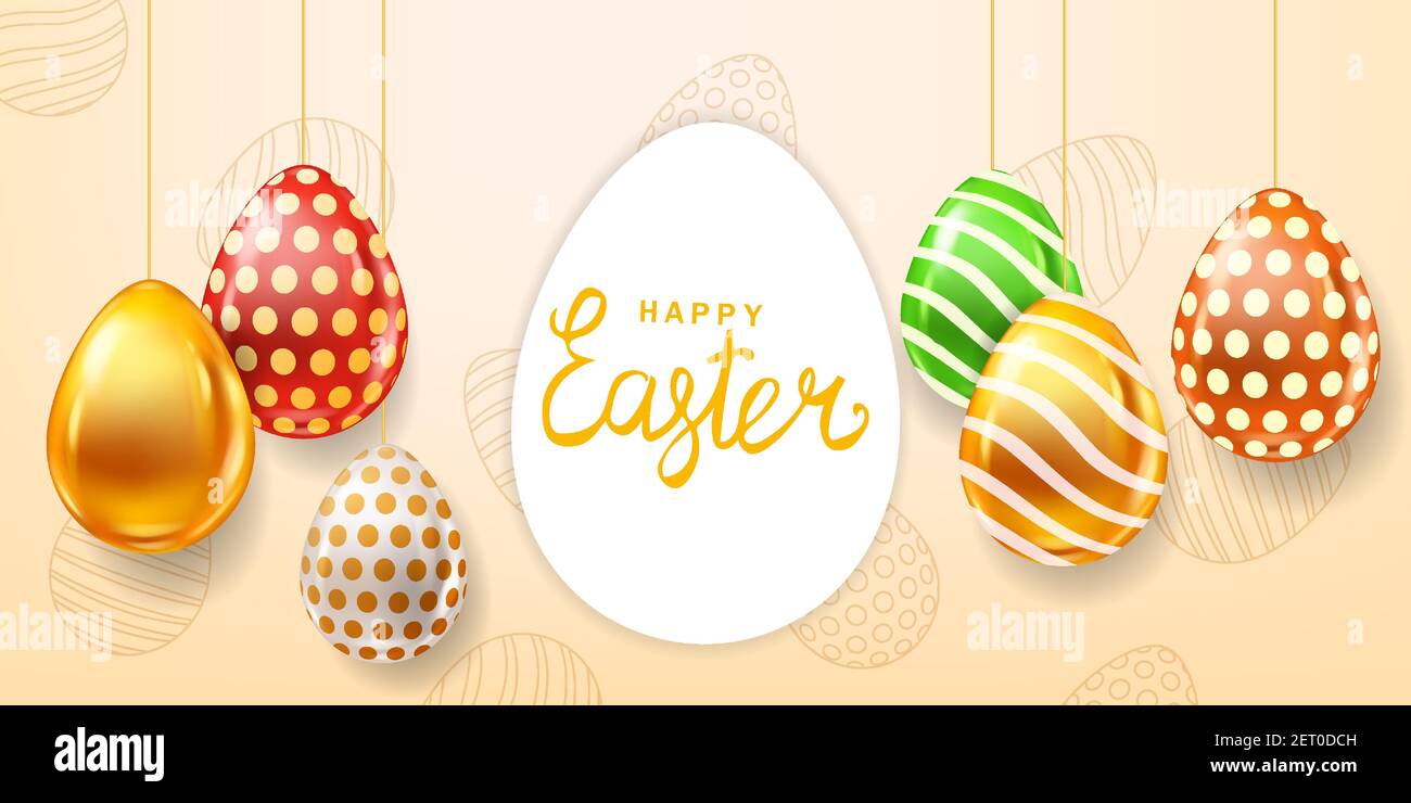 Happy Pasqua uova colorate modello banner, scritte. Uova dipinte e decorate con lucentezza realistica. Poster delle vacanze primaverili Illustrazione Vettoriale