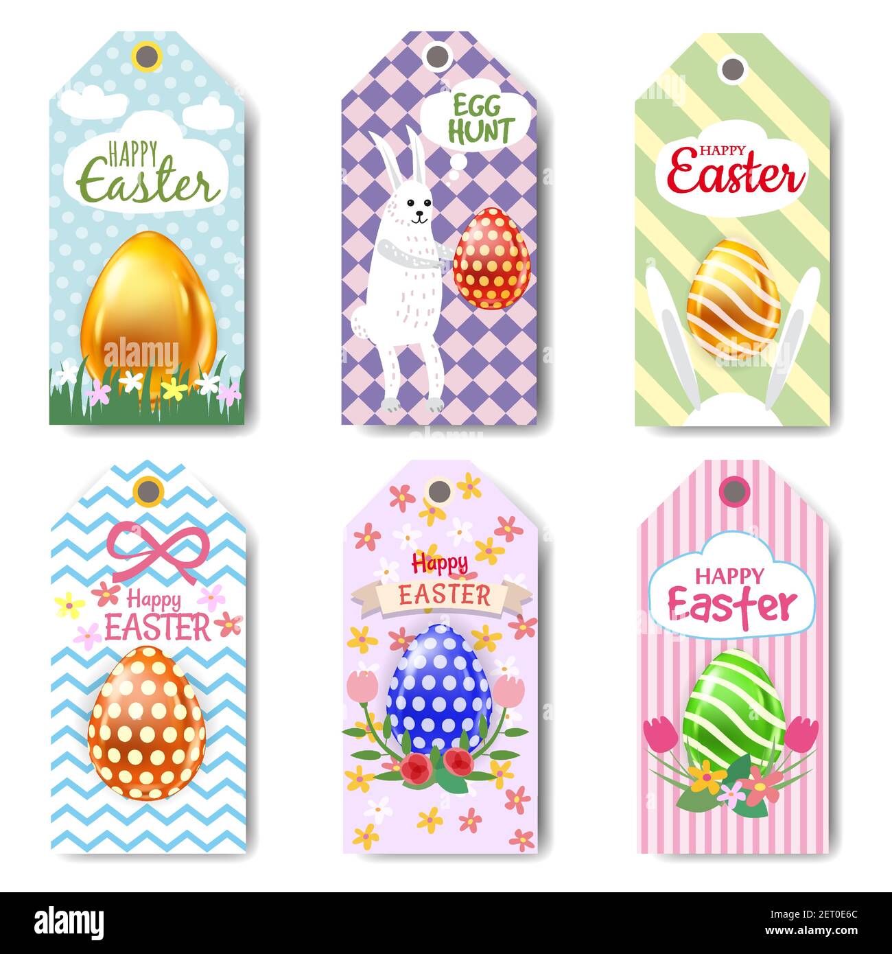 Set Easter tag etichette con simpatico cartone animato conigli, fiori, uova realistiche. Vettore dei saluti della primavera Illustrazione Vettoriale