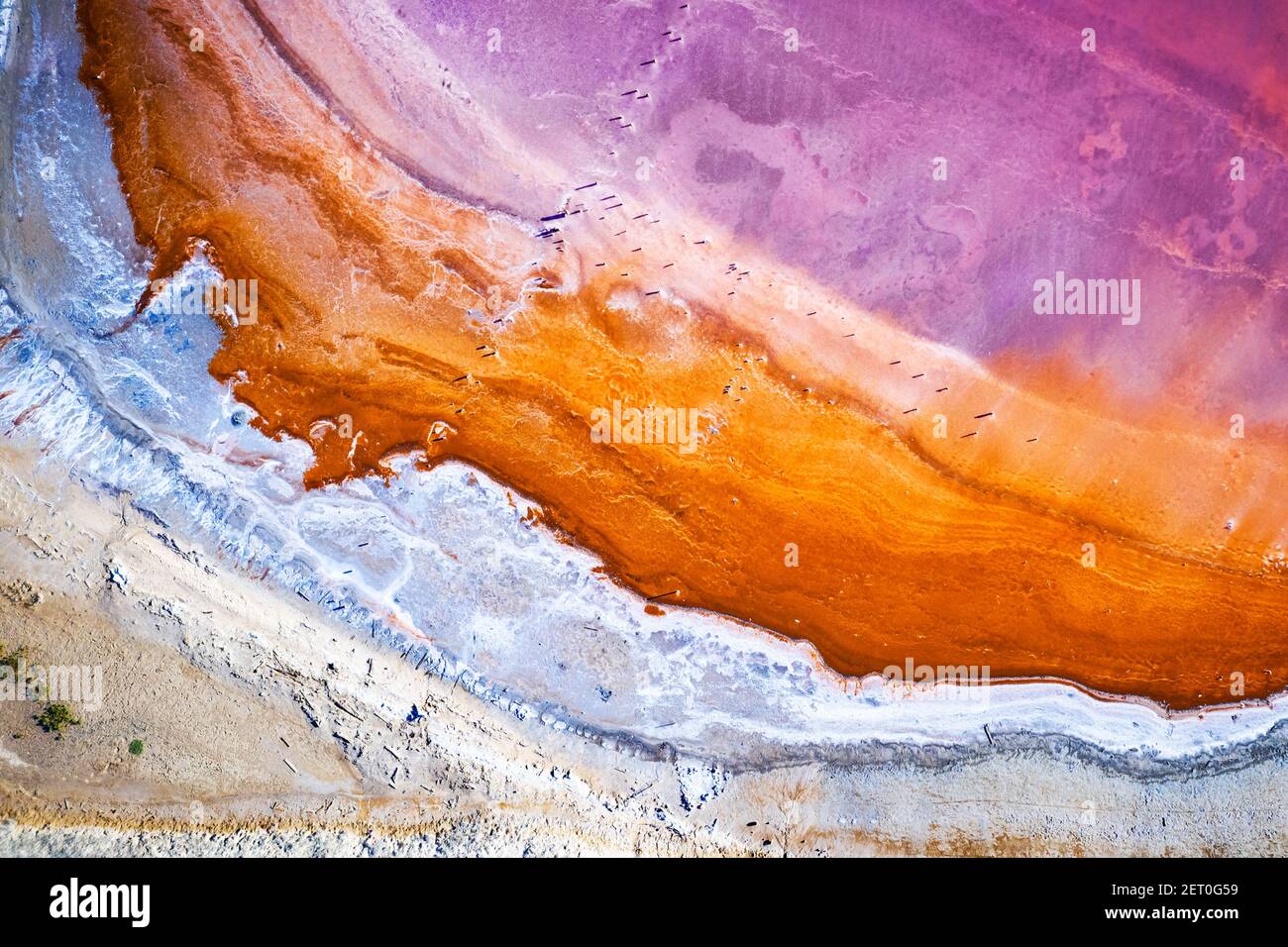 Vista astratta dell'acqua salata del lago rosa dal drone. Concetto creativo di colore naturale. Sfondo della vista superiore Foto Stock