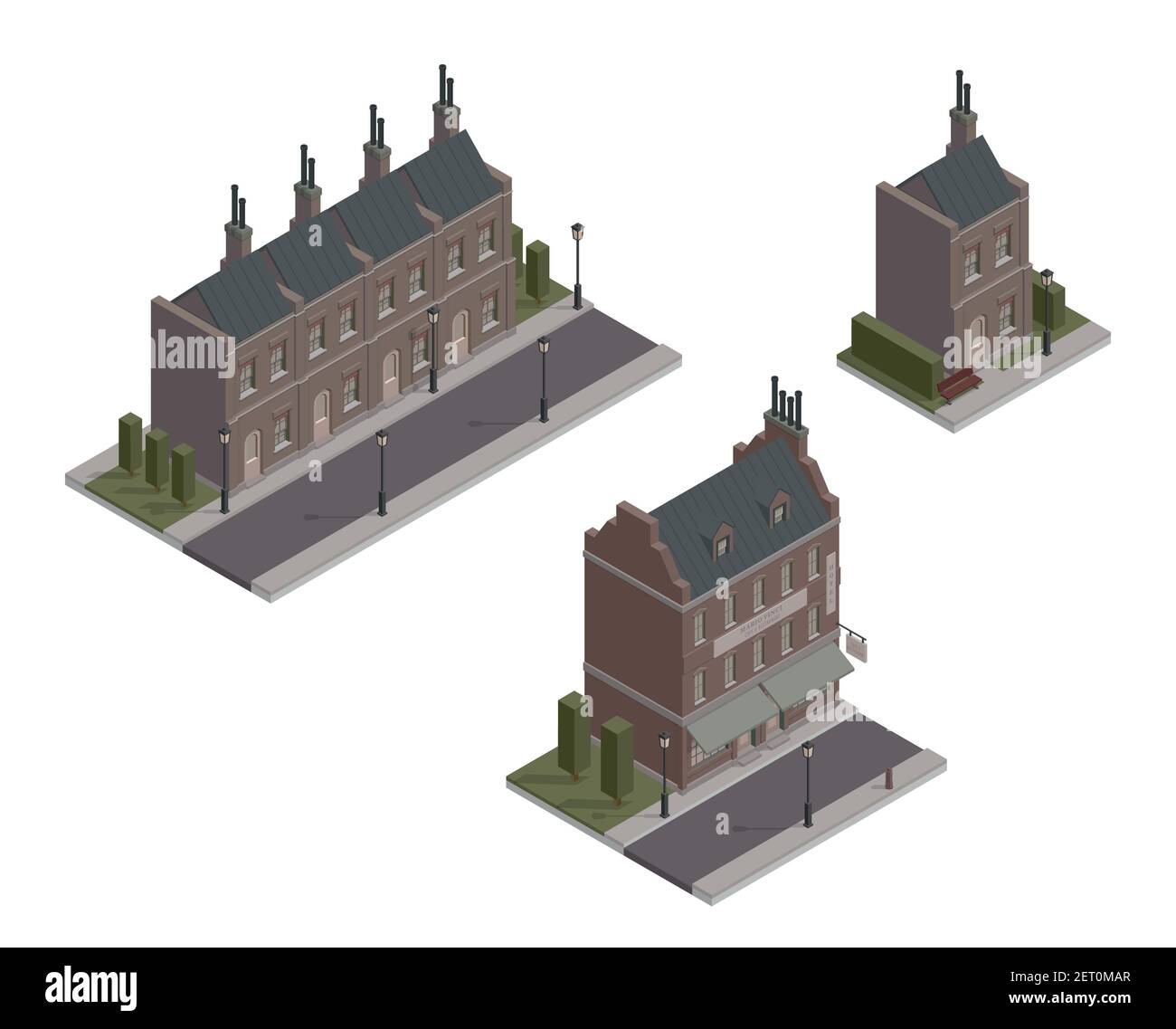 Insieme di case gotiche isometriche vettoriali. Illustrazione vettoriale del blocco vivente d'epoca. Edifici delle fate di Londra. Vittoriano, cupo, scuro e vecchio stile. CIT Illustrazione Vettoriale