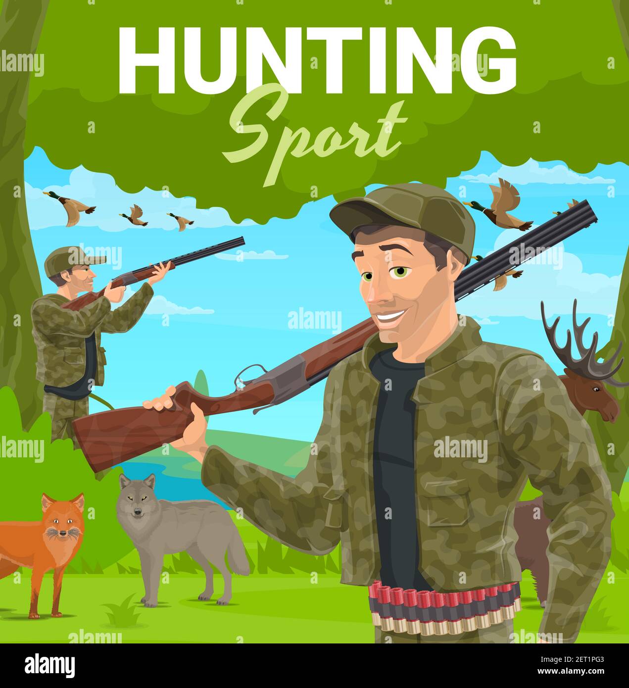 Trofeo di caccia agli animali. Personaggio Hunter in uniforme camouflage con obiettivo in anatra volante, tenendo doppio fucile su spalla, volpe e lupo, alci e dra Illustrazione Vettoriale