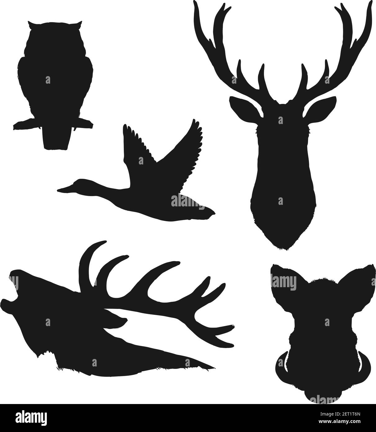 Animali selvatici e uccelli isolati sagome nere di caccia vettore sport e fauna selvatica design. Testa di cervo con corna, anatra, renna o alce, cinghiale, gufo, Illustrazione Vettoriale
