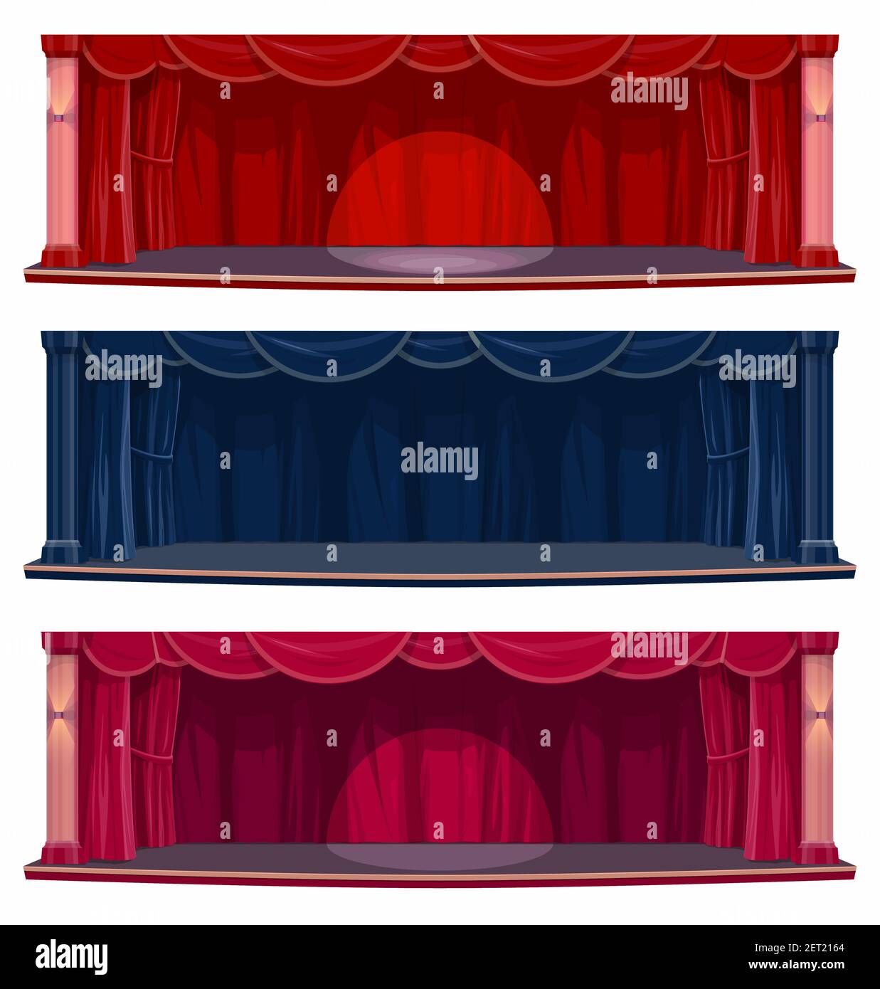 Palco del teatro o della sala da concerto con tende e drappeggi. Palco vuoto con fascio di luce, tende rosse e blu, colonne vettore cartoon. Teatria Illustrazione Vettoriale