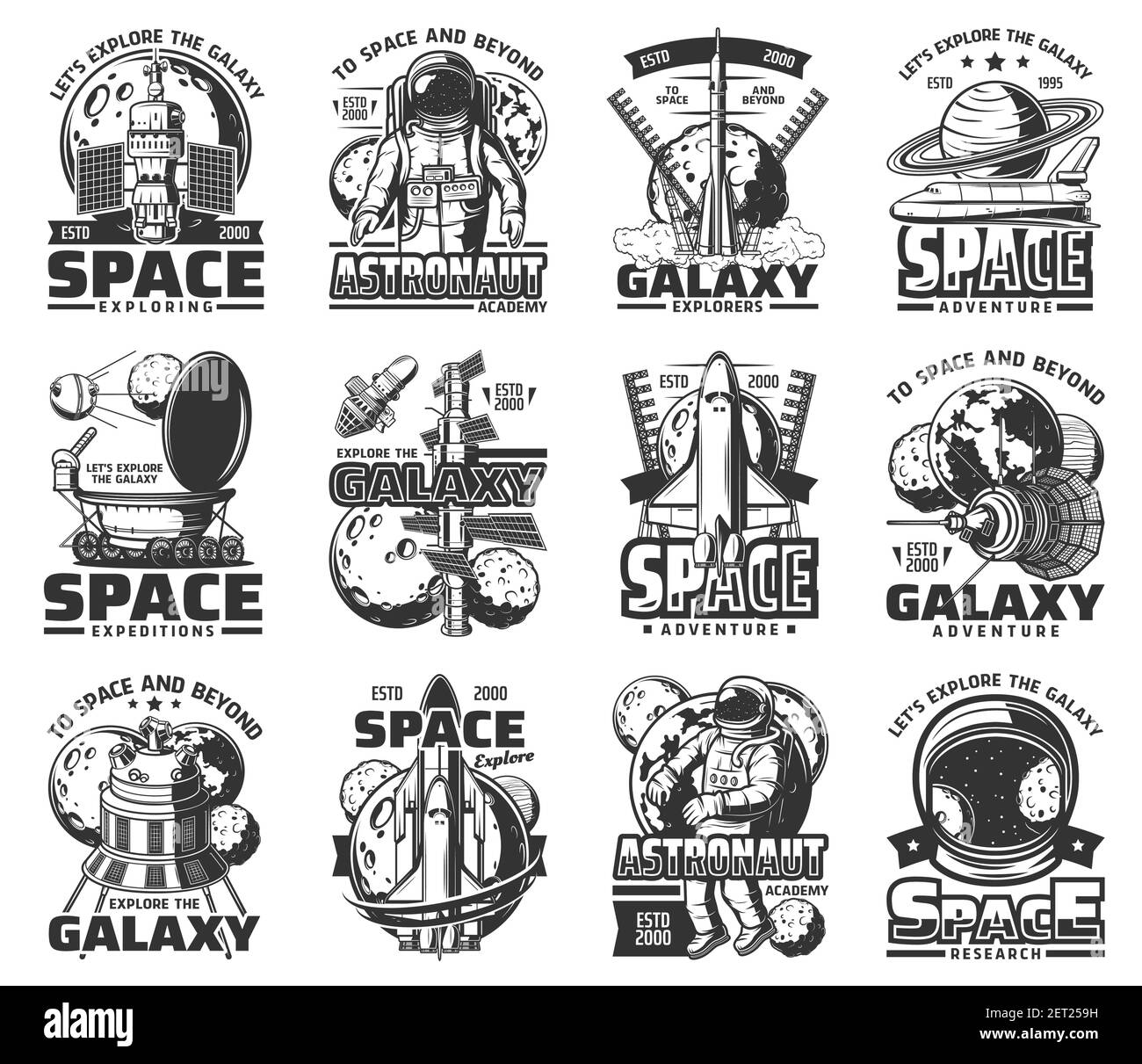 Esplorazione dello spazio esterno e della galassia, icone degli astronauti, razzi delle navicelle spaziali dell'universo vettoriale. Galaxy Universe esploratori e astronauti accademia, Luna, Satur Illustrazione Vettoriale