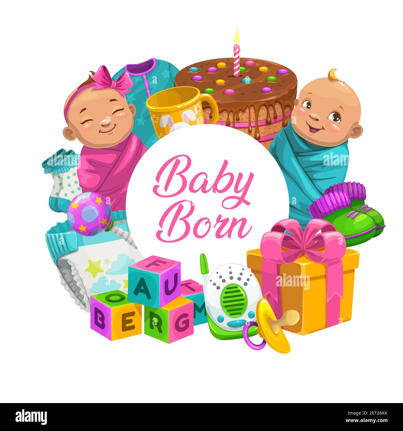 Baby Born cartoon vettore banner rotondo con bambini neonati ragazzo e ragazza, giocattoli, confezione regalo, torta di compleanno e roba cura bambini. Telaio isolato con diape Illustrazione Vettoriale