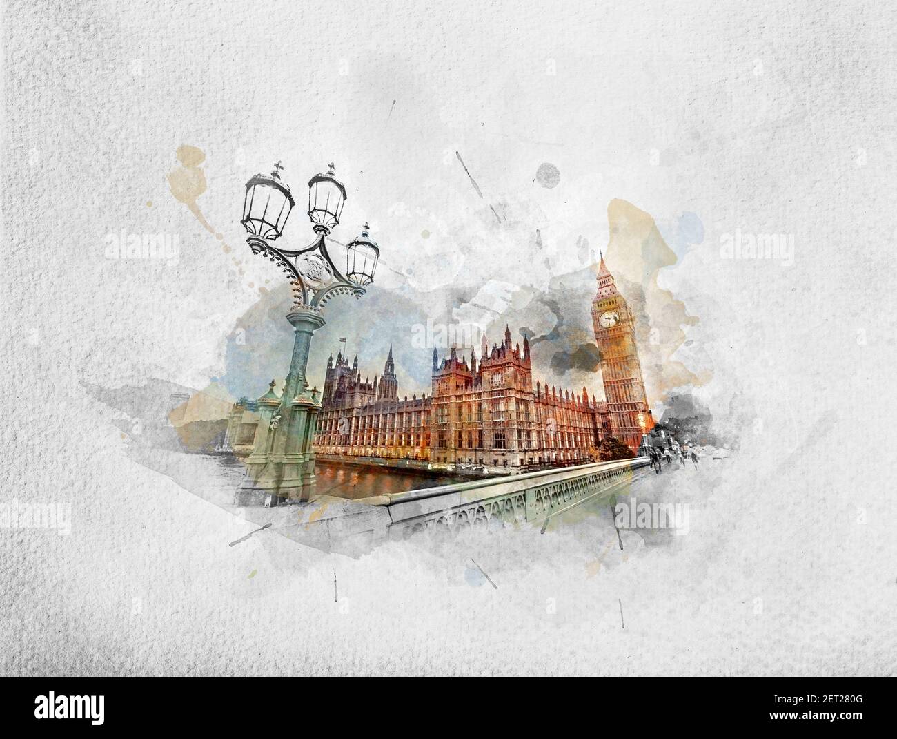Dipinto acquerello del Big ben visto da Westminster Bridge, Londra, Regno Unito. Al tramonto. Luce retrò per la strada. Foto Stock