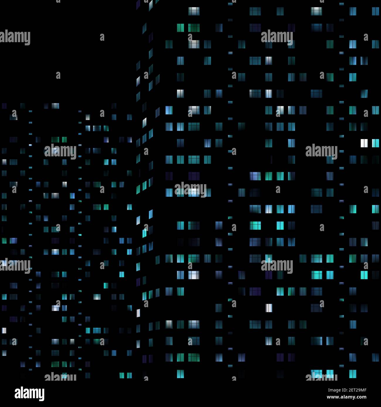 Finestre luminose di edifici di notte su sfondo nero. Città notte paesaggio, vista. Edifici alti, luci delle finestre. Sfondo geometrico astratto Illustrazione Vettoriale