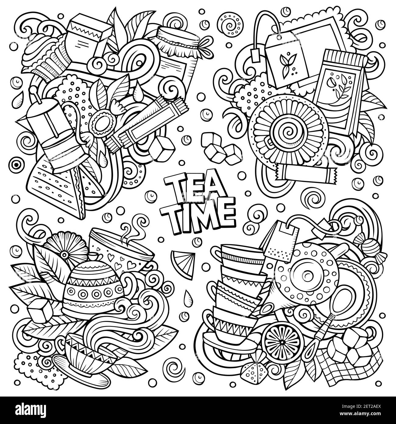 Vettoriale abbozzato Doodles disegnati a mano Cartoon Set di combinazioni di tè di oggetti ed elementi. Tutti gli elementi sono separati Illustrazione Vettoriale