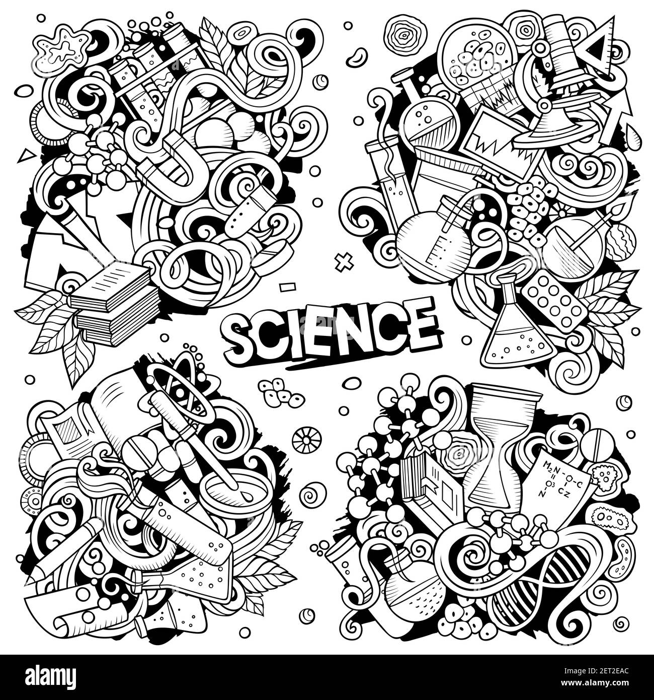 Set di disegni vettoriali di doodle di cartoni animati di scienza. Line art composizioni dettagliate con molti oggetti scientifici e simboli. Tutti gli elementi sono separati Illustrazione Vettoriale