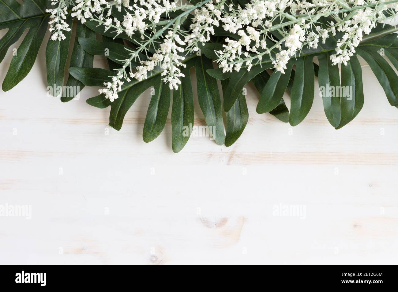 Bordo di foglie di palma e mini fiori bianchi con spazio copia su sfondo di legno bianco Foto Stock