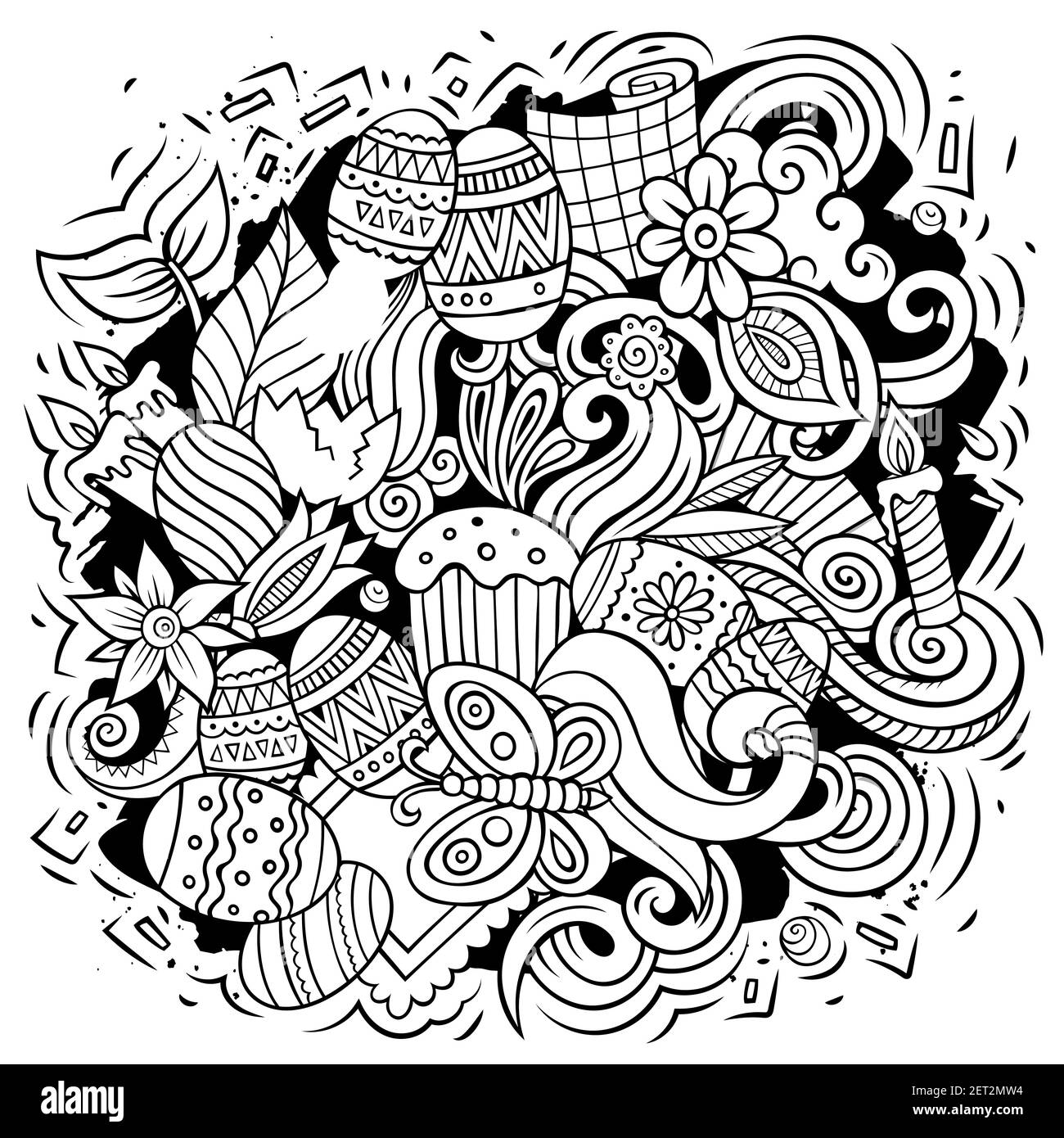 Felice Pasqua vettore doodles illustrazione. Elementi vacanza e oggetti sfondo cartoon. Un'immagine divertente e di schizzo. Tutti gli elementi sono separati Illustrazione Vettoriale