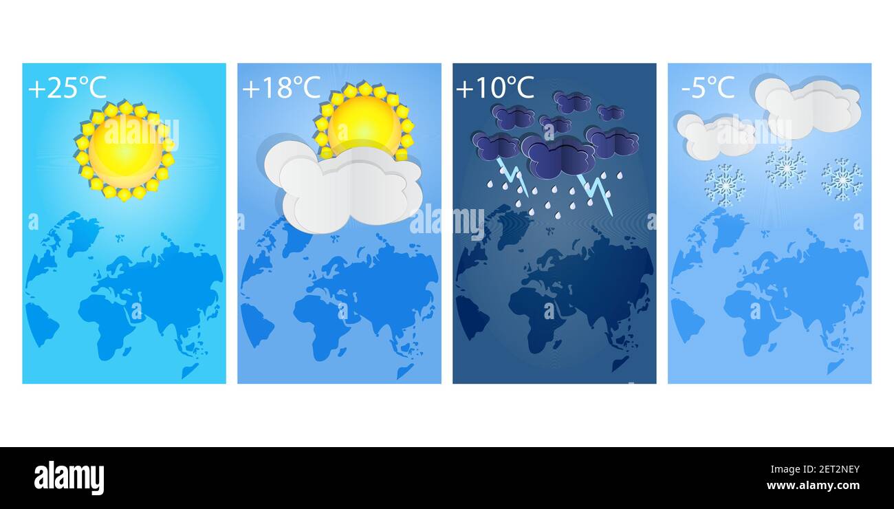 Poster verticali con previsioni meteo diverse. Temporale, pioggia, giorno di sole, notte e neve d'inverno. Stile di taglio della carta. Illustrazione vettoriale stock Illustrazione Vettoriale