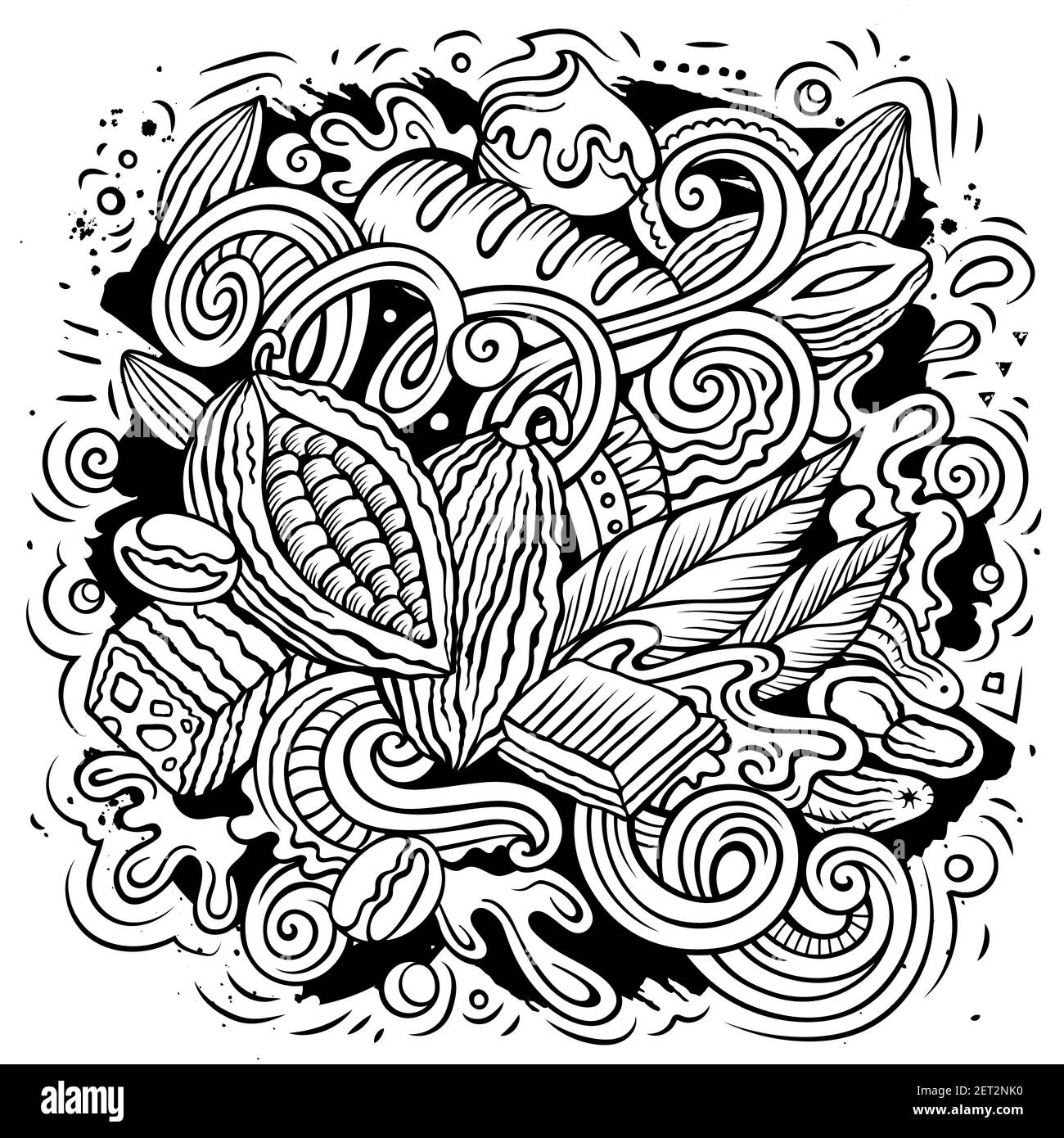 Illustrazione di doodles vettoriali disegnati a mano di cioccolato. Poster Choco. Elementi dolci e oggetti sfondo cartoon. Immagine divertente dell'arte di linea Illustrazione Vettoriale