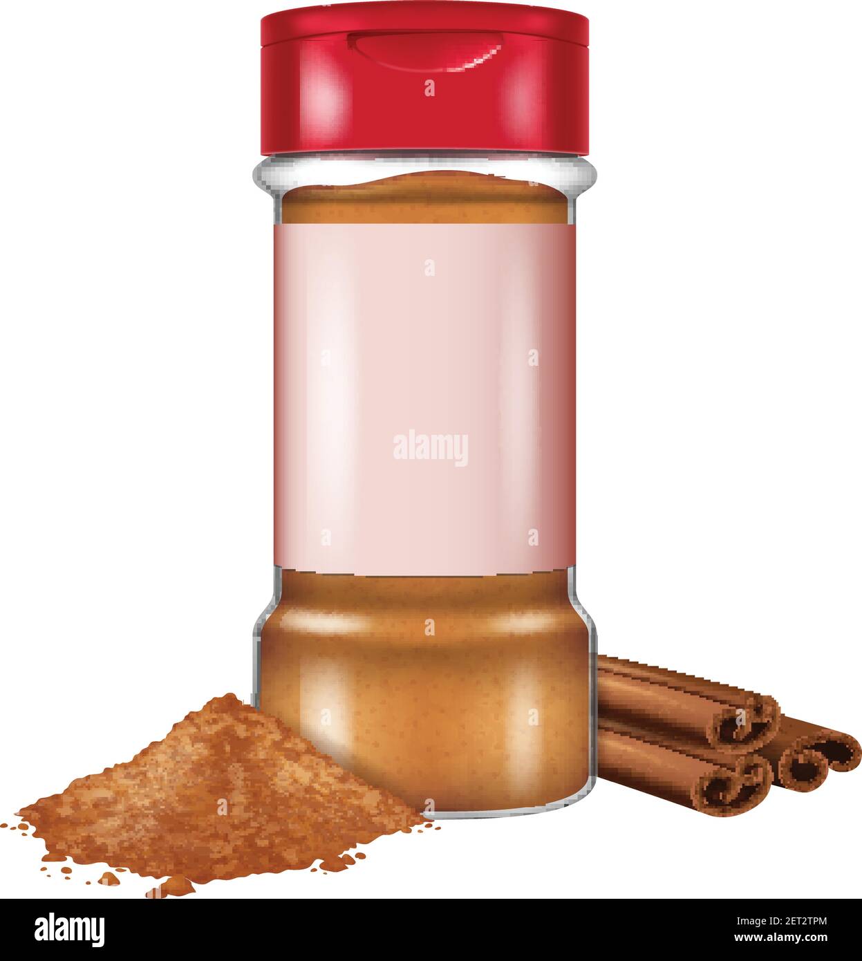 Bottiglia di polvere di cannella e bastoncini di cannella isolati su sfondo bianco. Illustrazione vettoriale. Illustrazione Vettoriale