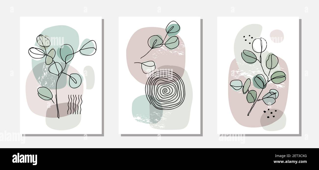 Orto botanico di arte della parete insieme con i rami di eucalipto. Stile di disegno a linea continua moderno. Disegno d'arte linea boho in tonalità pastello con abstract Illustrazione Vettoriale