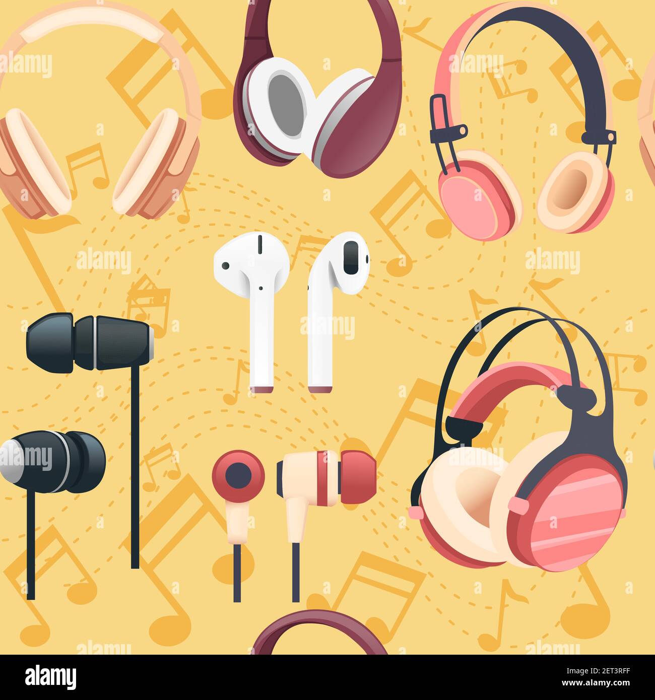 Schema senza interruzioni di diverse cuffie wireless e cablate, illustrazione vettoriale su sfondo giallo con note Illustrazione Vettoriale