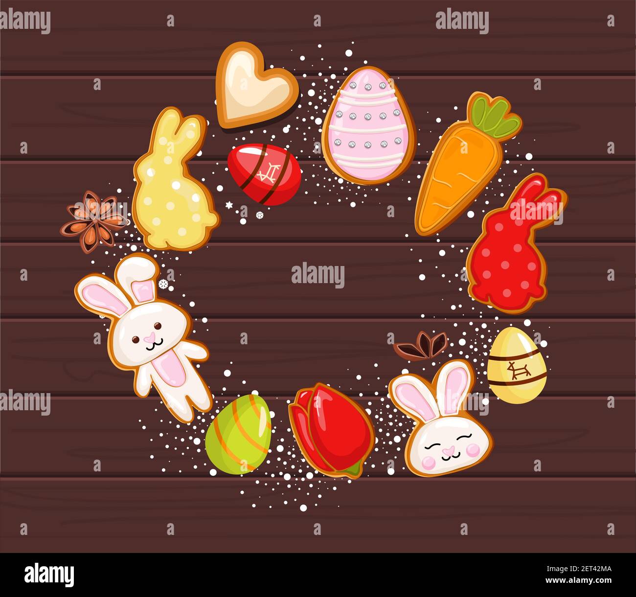 Biscotti pasquali di pan di zenzero in un cerchio, vacanze di Pasqua, uova colorate. Su uno sfondo con legno texture. Vettore Illustrazione Vettoriale