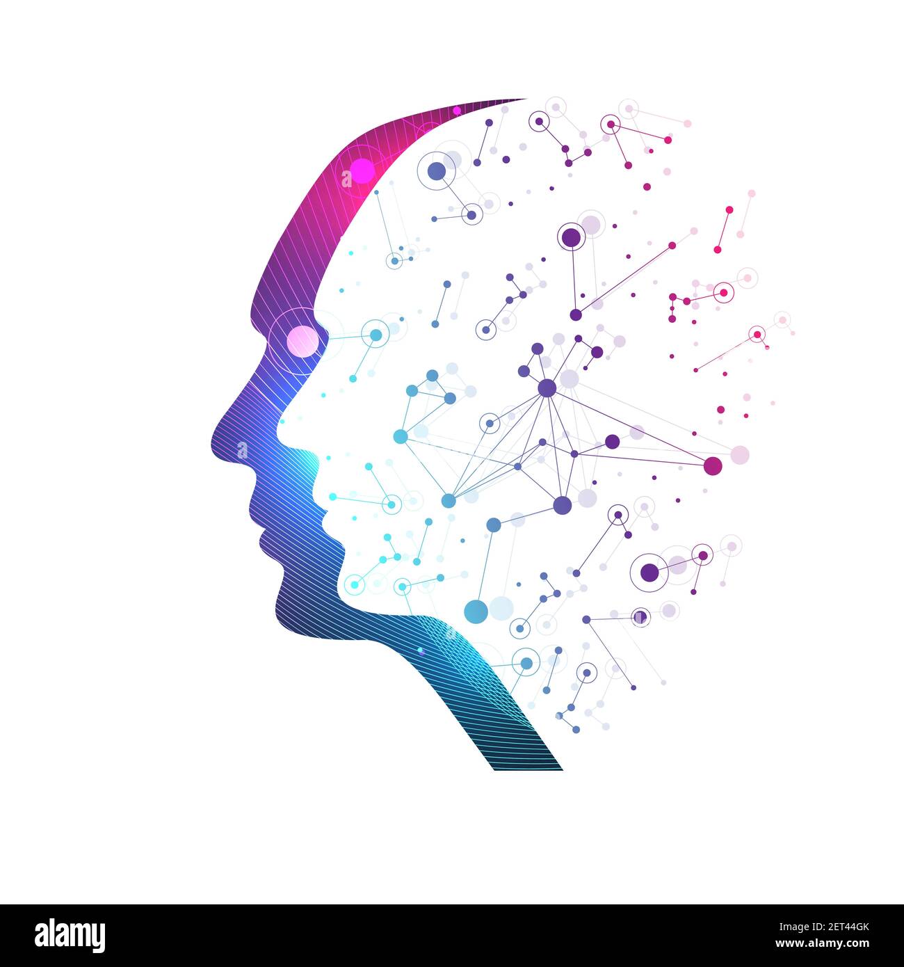 Intelligenza artificiale futuristica e concetto di apprendimento automatico. Visualizzazione dei big data umani. Wave Flow Communication, illustrazione scientifica. Foto Stock