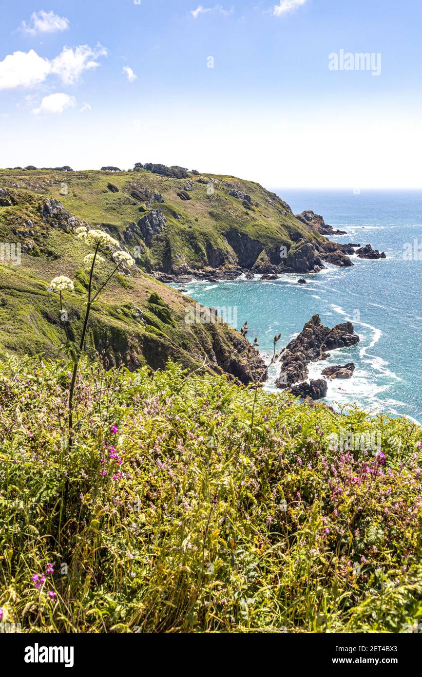 La bella costa sud aspra di Guernsey, Isole del canale Regno Unito - guardando verso Icart Point da vicino Petit Bot Foto Stock