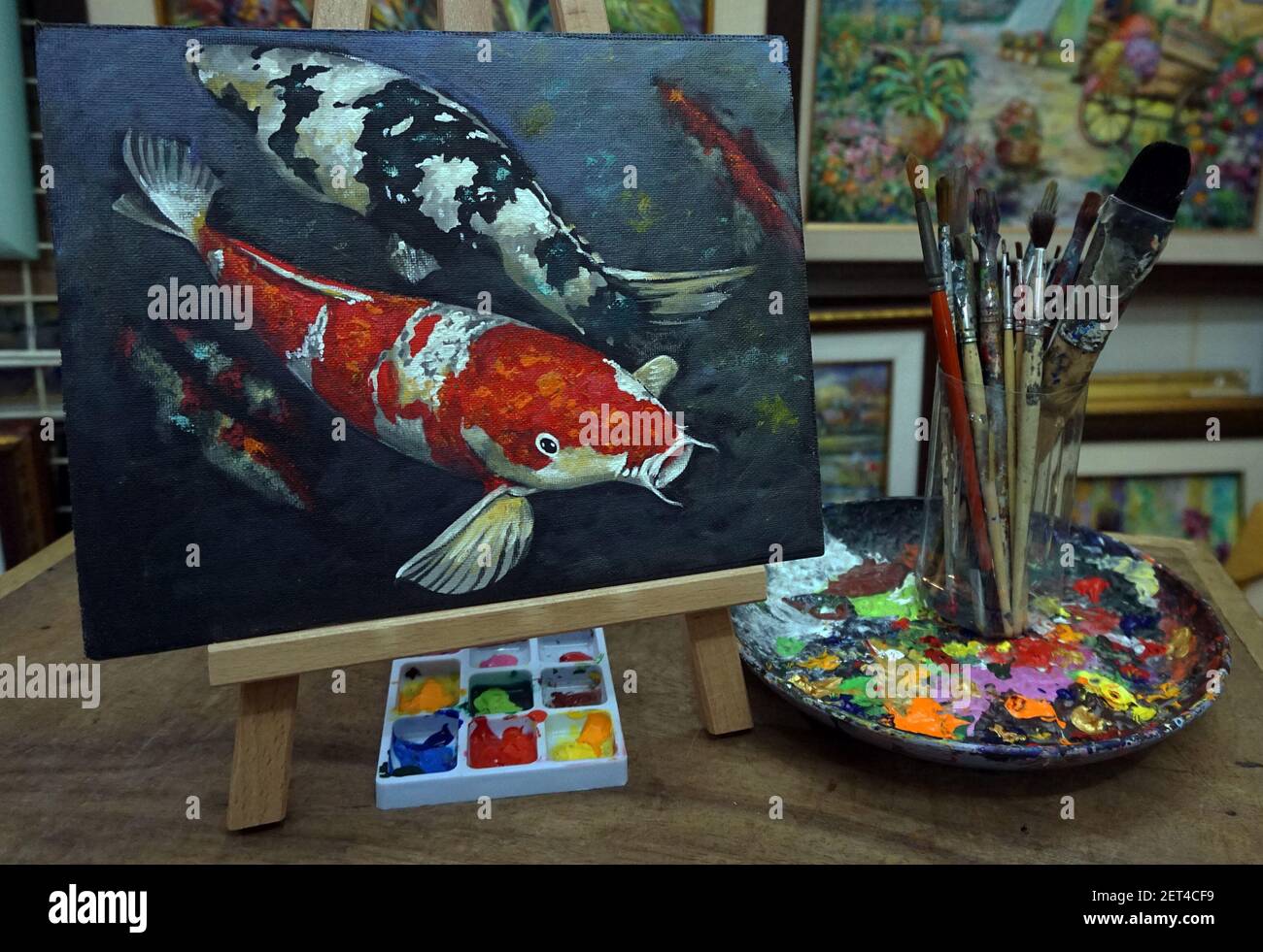 Dipinto ad olio di Fancy Carp immagini di pesce Ausficiousness a casa Foto Stock