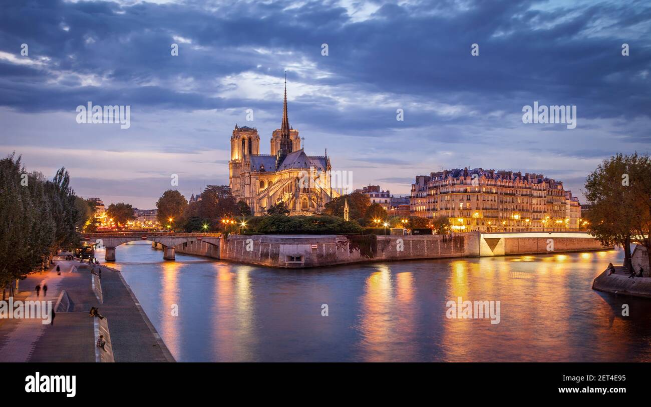 Cattedrale di Notre Dame e Fiume Senna, Parigi, Francia Foto Stock