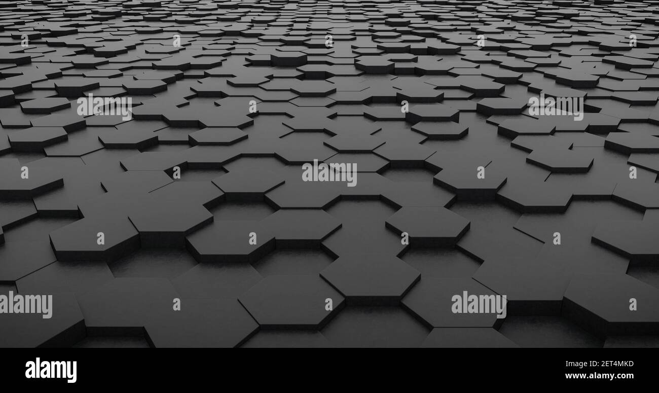 Fondo nero esagonale. illustrazione 3d. Foto Stock