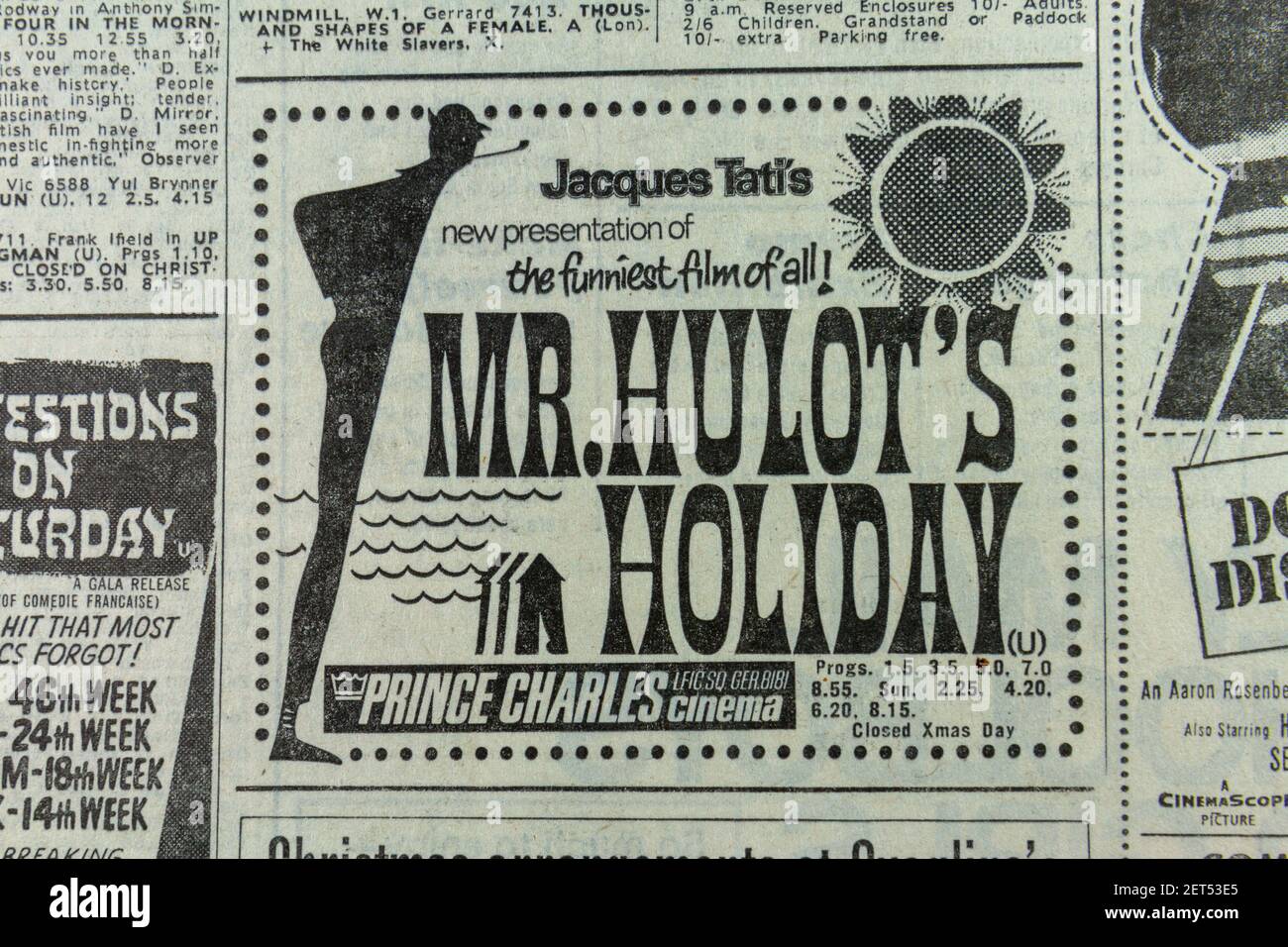 Spot per il film 'MR Hulots Holiday' di Jacques dati, cinema Prince Charles, nel quotidiano serale News (venerdì 24 dicembre 1965), Londra, Regno Unito. Foto Stock