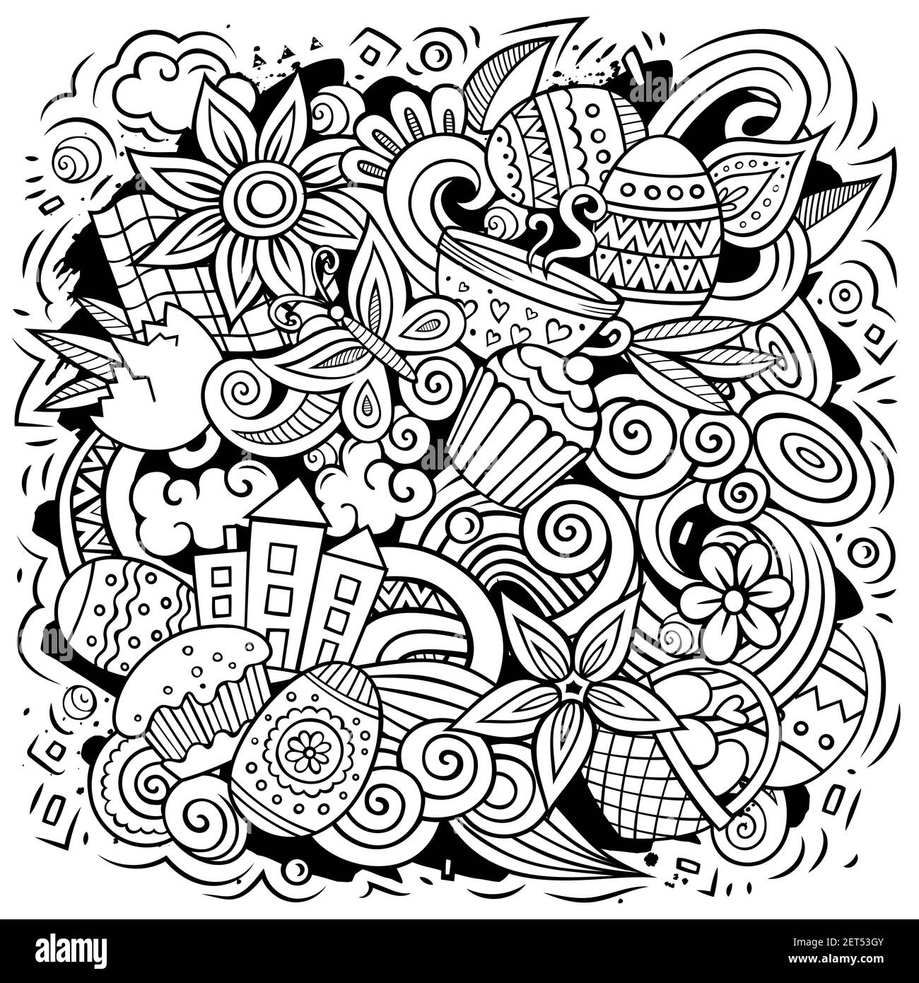 Felice Pasqua vettore doodles illustrazione. Elementi vacanza e oggetti sfondo cartoon. Un'immagine divertente e di schizzo. Tutti gli elementi sono separati Illustrazione Vettoriale