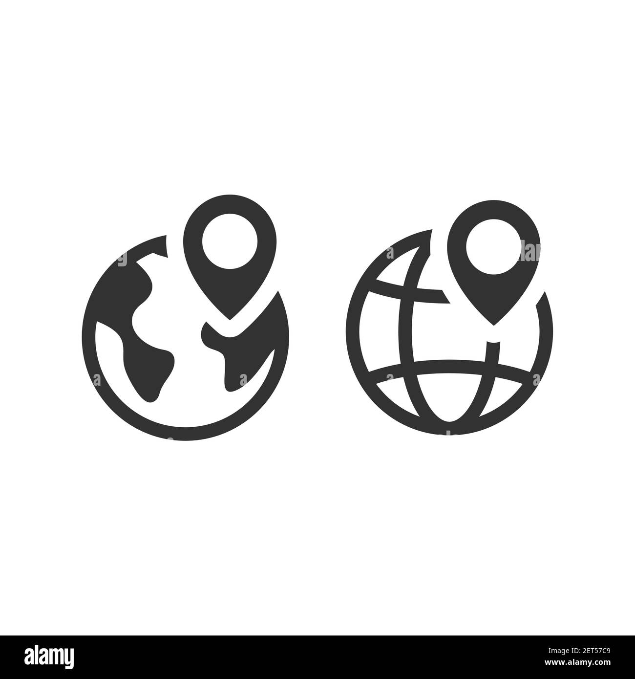 Globo con icona vettoriale nera con pin di posizione. Pianeta Terra e simbolo del puntatore della mappa. Illustrazione Vettoriale