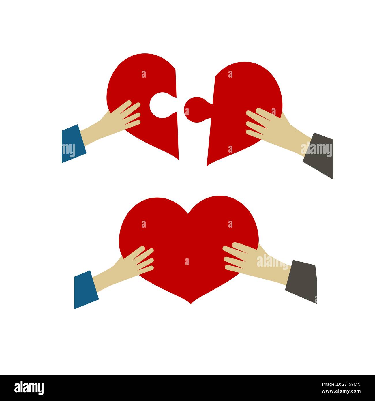 Mani femminili e maschili che tengono il cuore rosso. Concetto di amore. Romantica illustrazione piatta Illustrazione Vettoriale