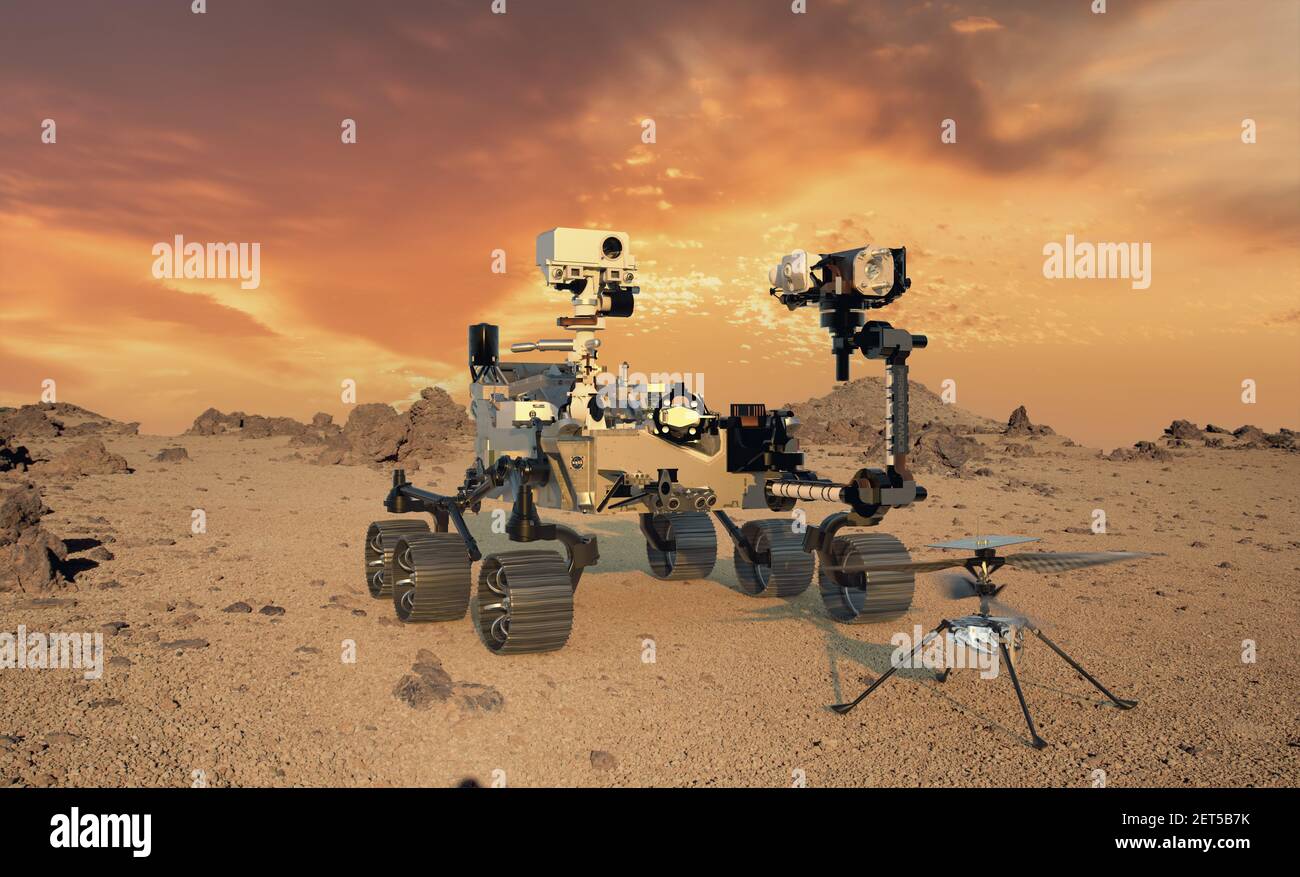 Perseveranza - una rover planetaria della missione Marte 2020 della NASA e Marte Elicottero, Ingenuity, il cui scopo è quello di esplorare il Jezero marziano c. Foto Stock