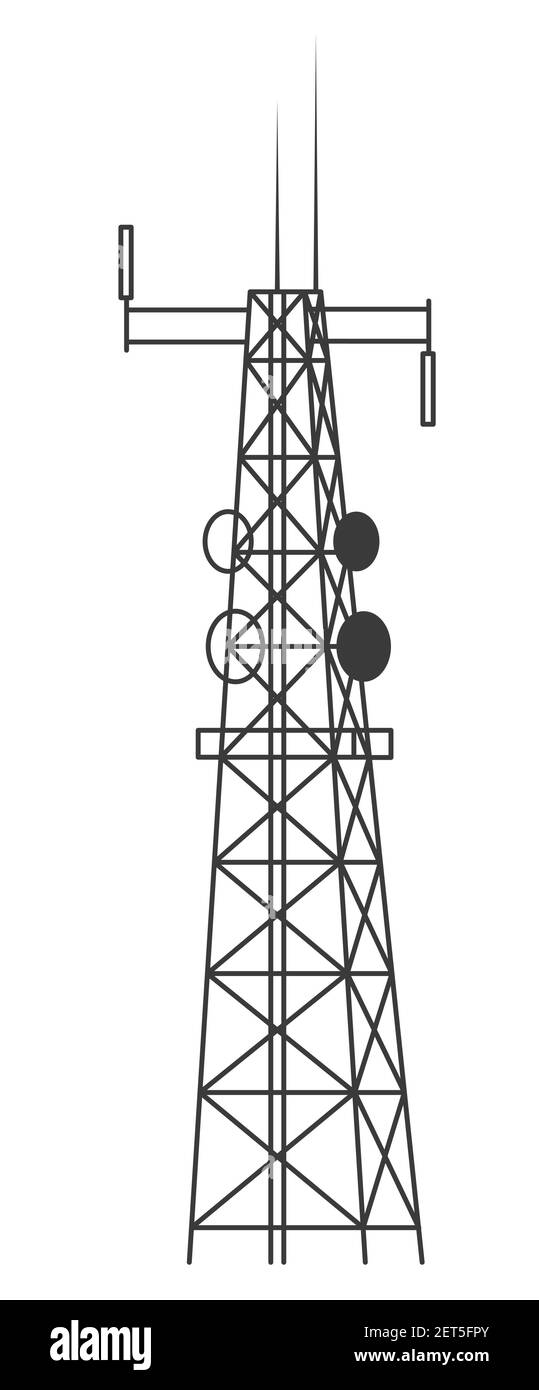 Torre cellulare di trasmissione. Torre di comunicazione mobile e radio con antenne per connessioni wireless. Illustrazione vettoriale contorno isolata su Illustrazione Vettoriale