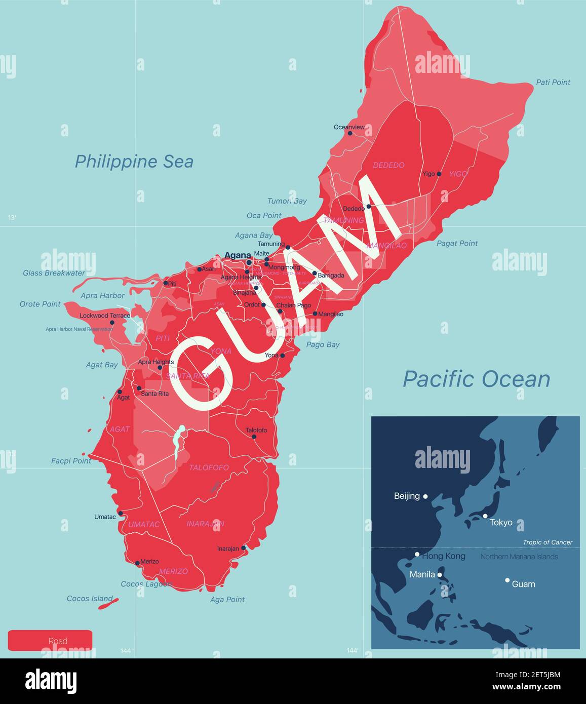 GUAM Mappa dettagliata modificabile con regioni città e città, strade e ferrovie, siti geografici. File vettoriale EPS-10 Illustrazione Vettoriale