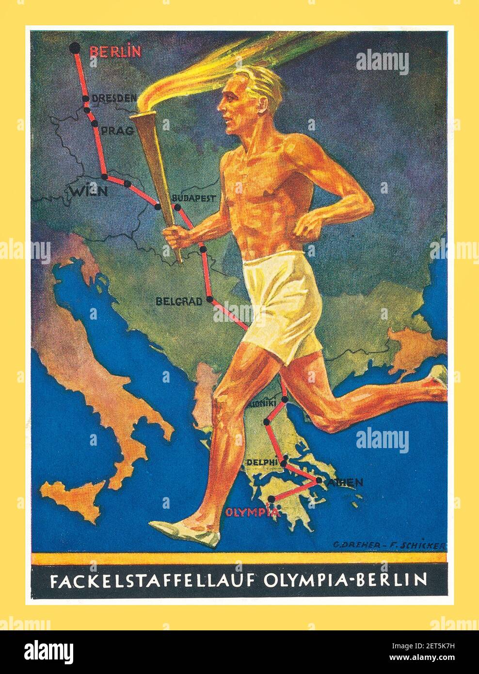 Olimpiadi di Berlino 1936 Vintage Propaganda Poster Germania nazista Giochi olimpici Torch Relay dalla Grecia a Berlino Germania 'fackelstaffellauf Olimpia-Berlino' Foto Stock