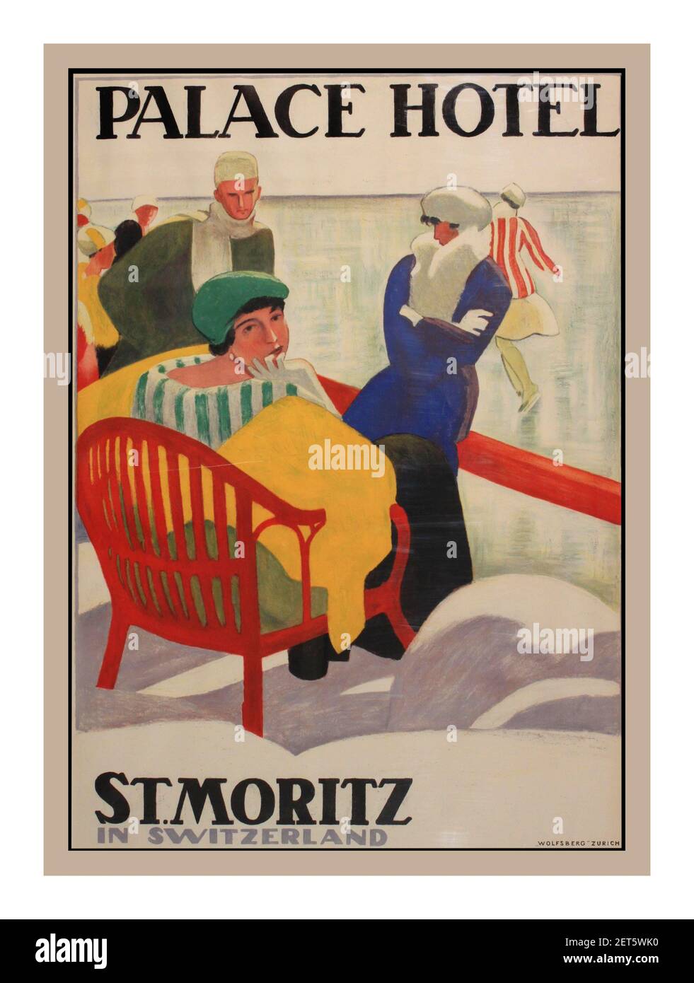 Moritz Palace Hotel Switzerland VINTAGE 1920 Travel St. Moritz Lithograph Poster Illustrazione di Emil Cardinaux (1877-1936) Palace Hotel St. Moritz, poster originale stampato da Wolfsburg Zurich 1920 Foto Stock