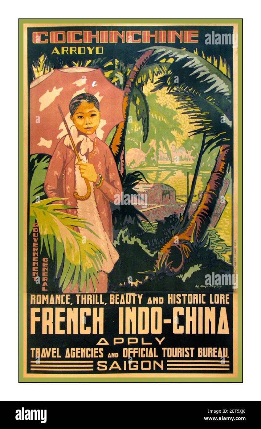 Poster di viaggio Vintage anni '30 per l'allora francese Indo-China Poster di viaggio Hanoi Vietnam 1931 SAIGON Foto Stock