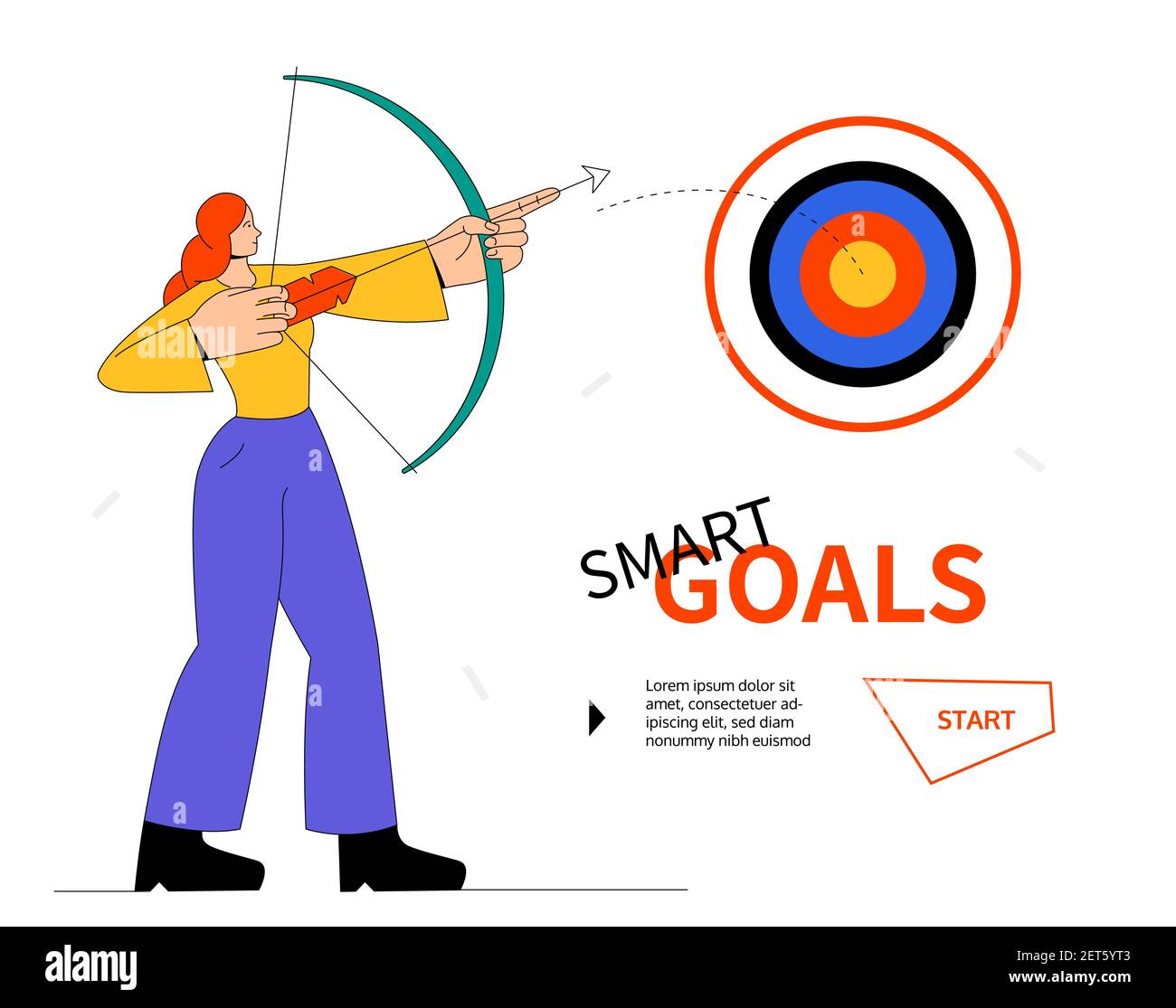 Smart Goals - illustrazione moderna e colorata in stile piatto. Sviluppo personale, motivazione e business successo idea. Una composizione con una donna h Illustrazione Vettoriale