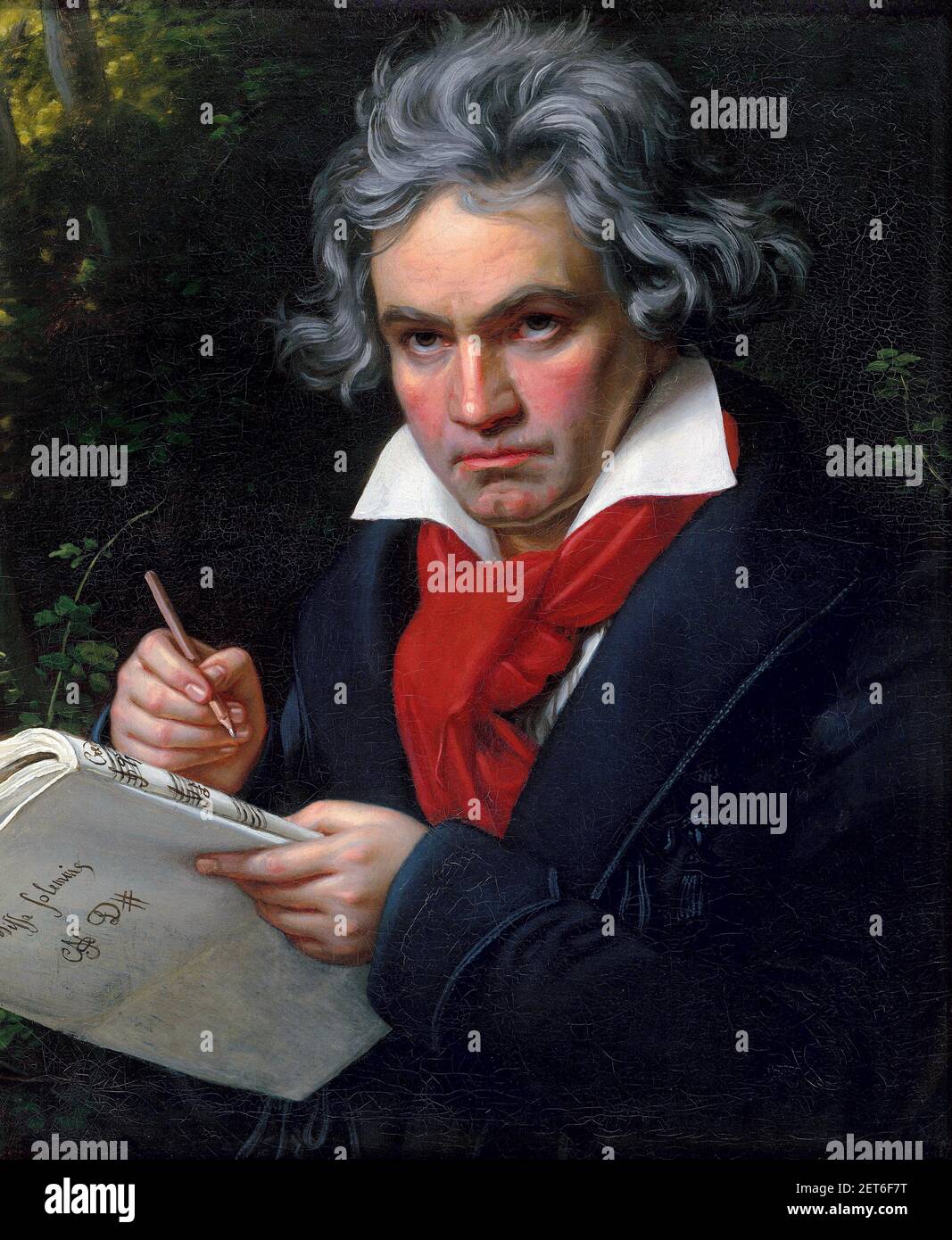 Beethoven; Ritratto del compositore tedesco Ludwig van Beethoven (1770-1827) che tiene il manoscritto dei Missa solennis, dipinto di Joseph Karl Stieler, 1820 Foto Stock