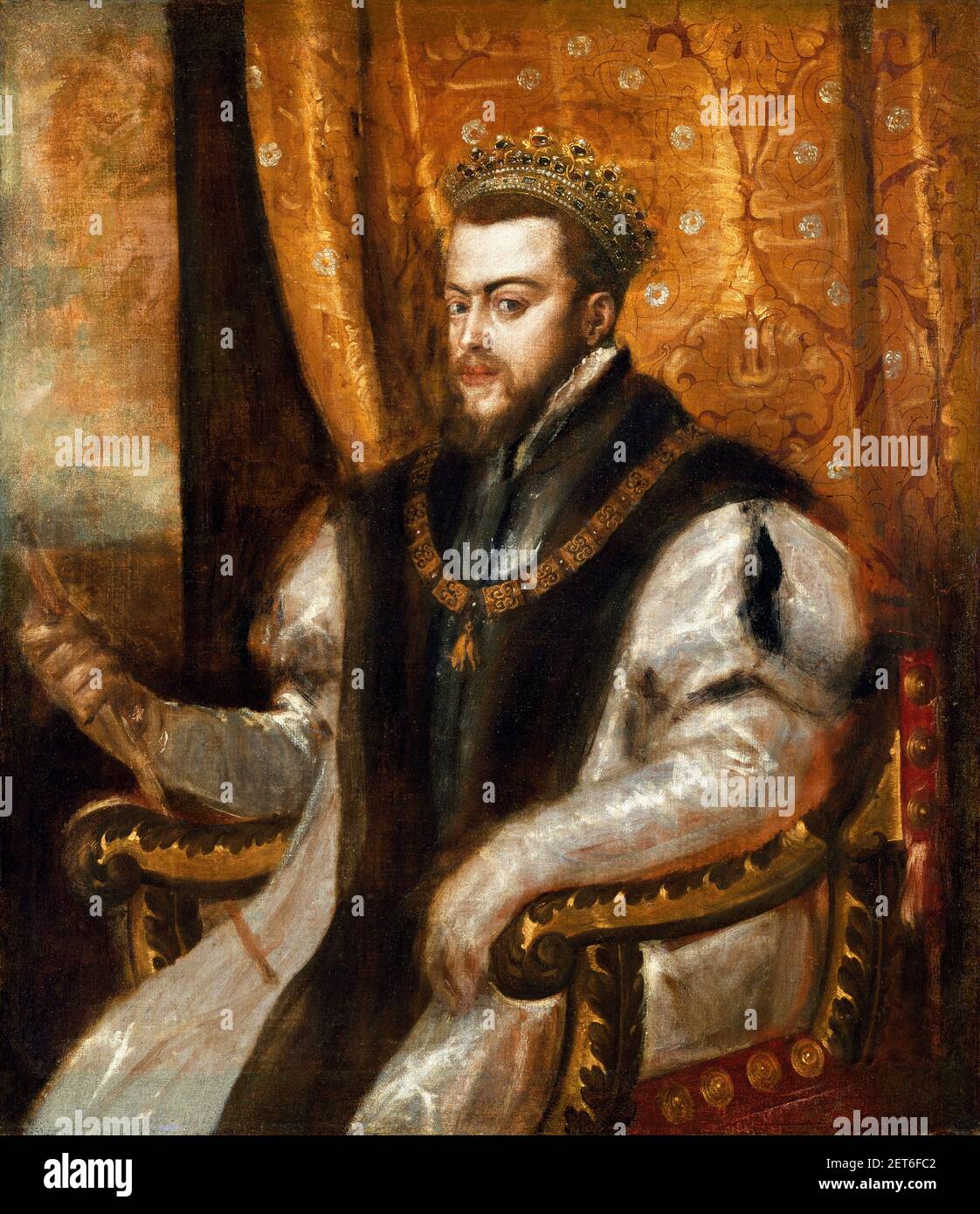Filippo II. Ritratto di re Filippo II di Spagna (1527-1598) di Tiziano, olio su tela, c.1551 Foto Stock