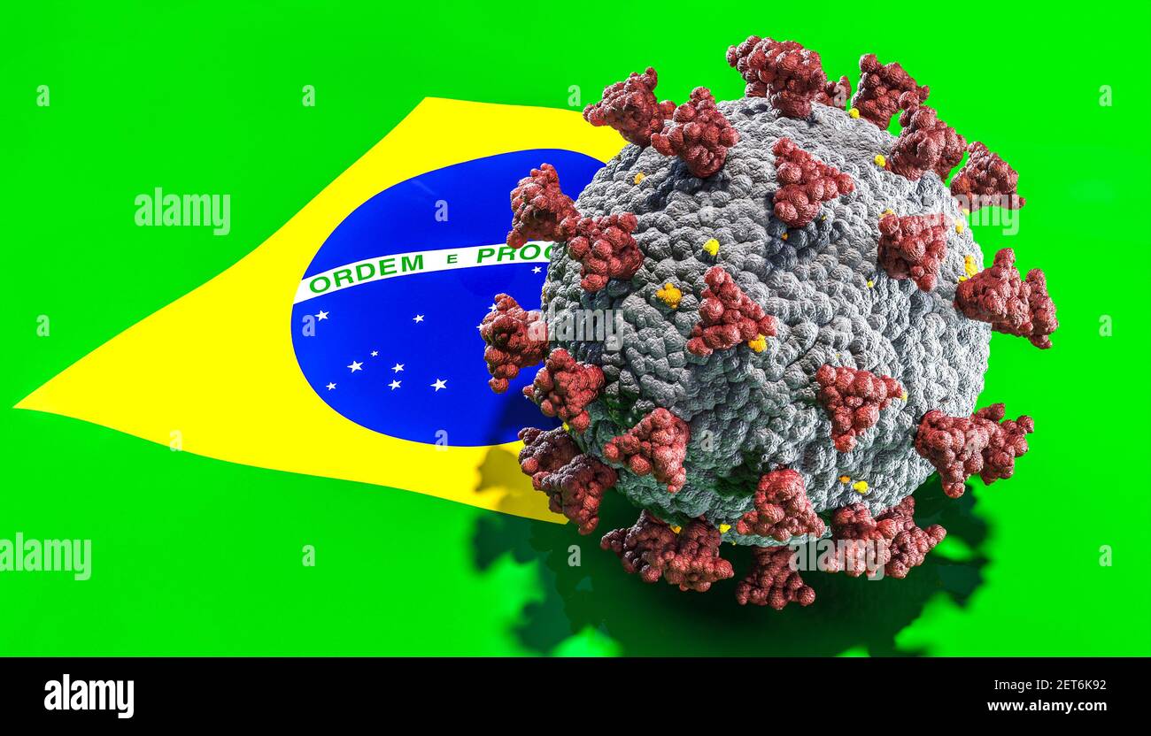 Coronavirus covid-19 sulla bandiera brasiliana. Concetto variante. rendering 3d. Foto Stock