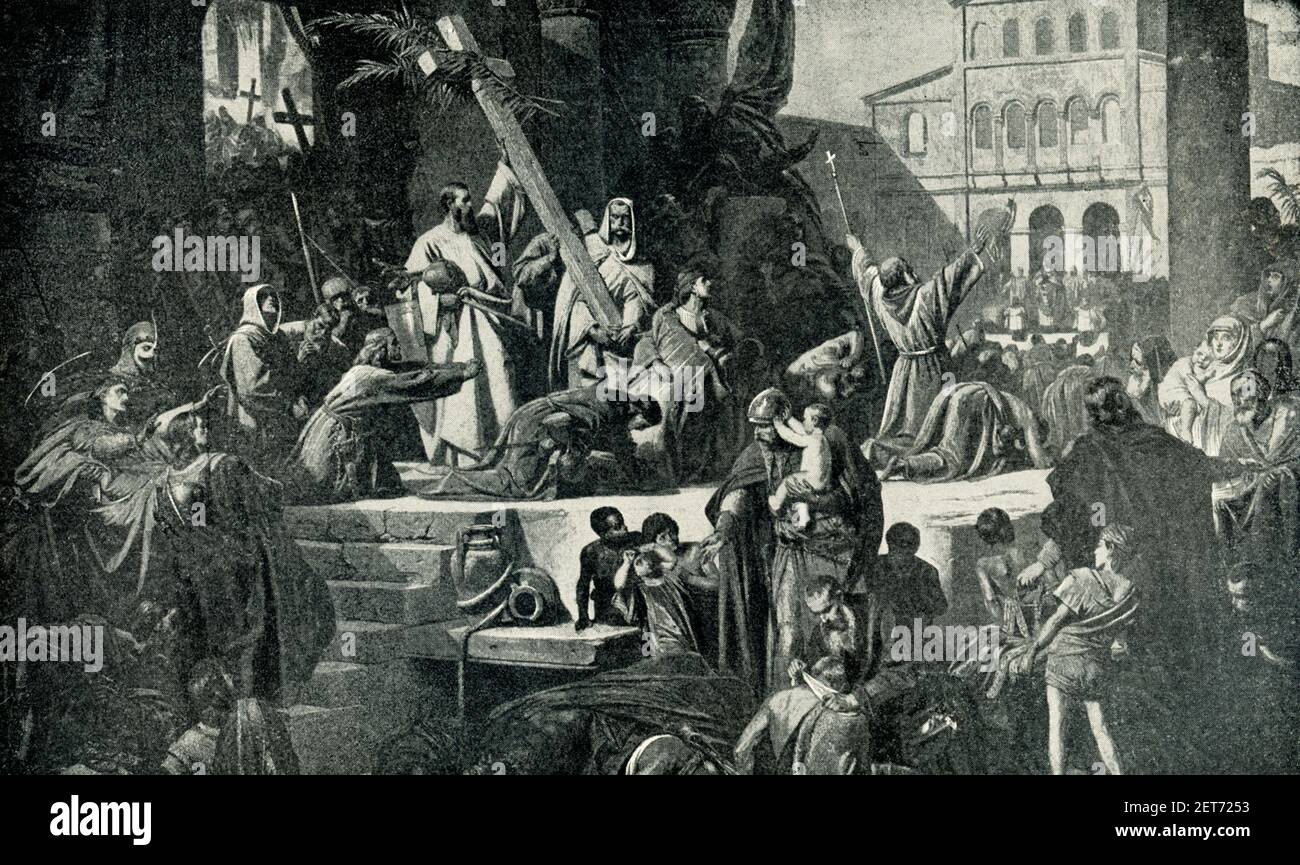 Questa immagine mostra l'ingresso di Geoffrey di Bouillon in Gerusalemme da Karl von Piloty. Godfrey de Bouillon (c.. 1058–1100) fu il duca della bassa Lorena, capo della prima Crociata, ed eletto re di Gerusalemme, che aiutò a catturare, ma prese il titolo di "protettore del santo Sepolcro". Suo fratello Baldwin gli successe. Visto qui è il suo ingresso a Gerusalemme nel 1099. Karl Theodor von Piloty (1826 – 1886) è stato un pittore tedesco, noto per i suoi argomenti storici, e riconosciuto come il principale rappresentante della scuola realistica in Germania. Foto Stock