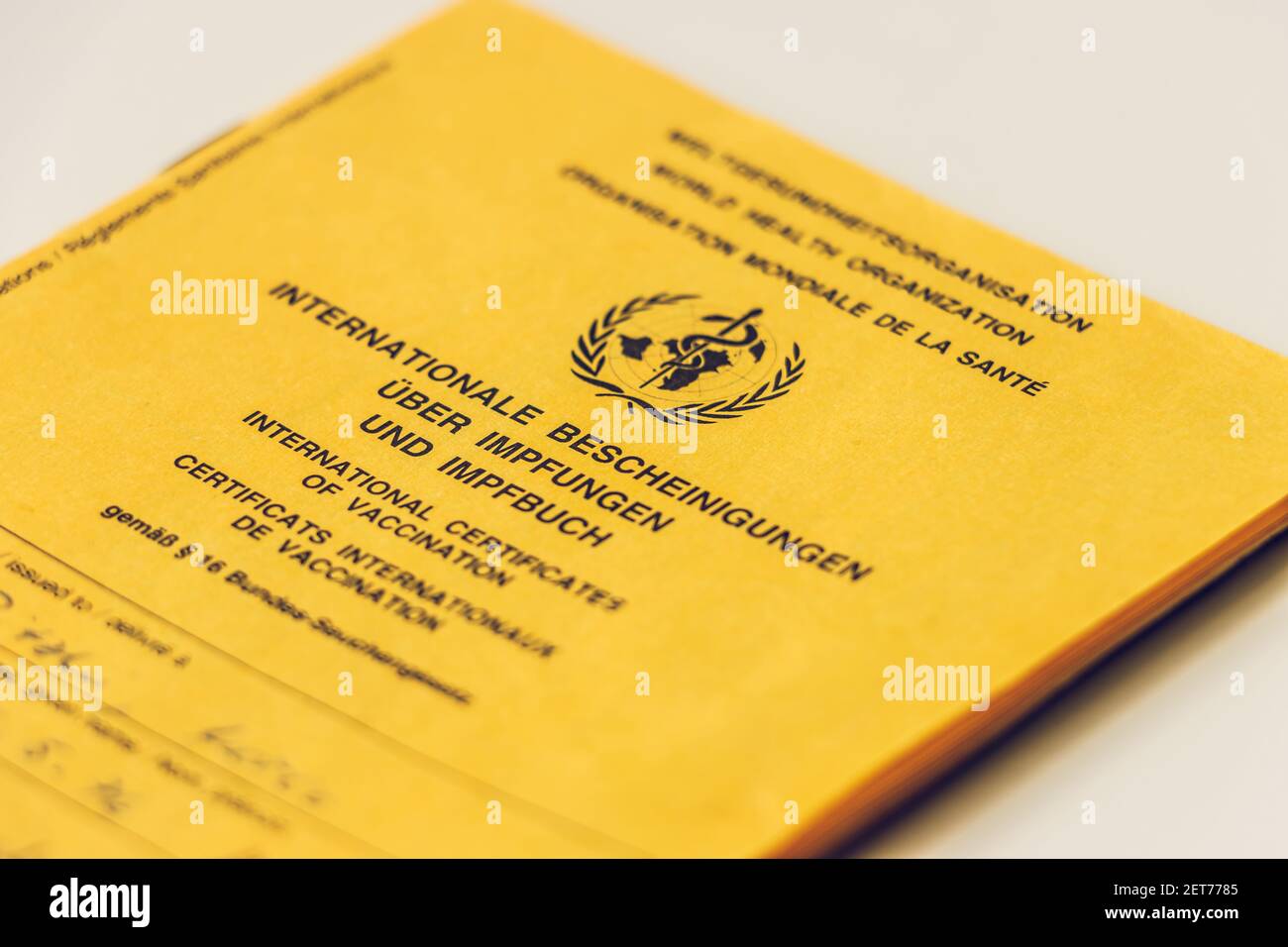 Vista laterale della scheda di vaccinazione OMS. Cartellino giallo con prova delle vaccinazioni necessarie. Passaporto sanitario riconosciuto a livello internazionale del World Healt Foto Stock