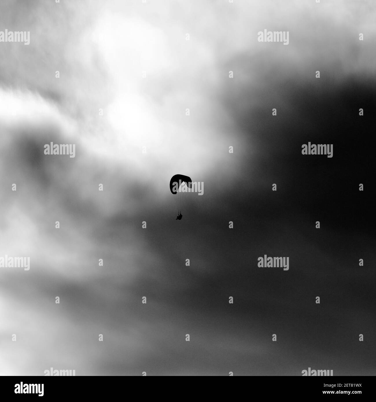 Artistico, contro la foto chiara, in bianco e nero, della sagoma di un parapendio solo in mezzo alle nuvole. Foto Stock